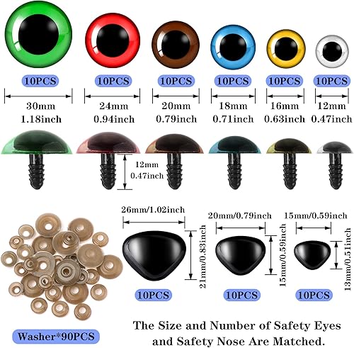 Miniatura 2 de UPINS 180 piezas de ojos y nariz grandes de seguridad de 0.47 a 1.18 pulgadas con arandelas para ojos de animales de peluche Amigurumi, muñeca de