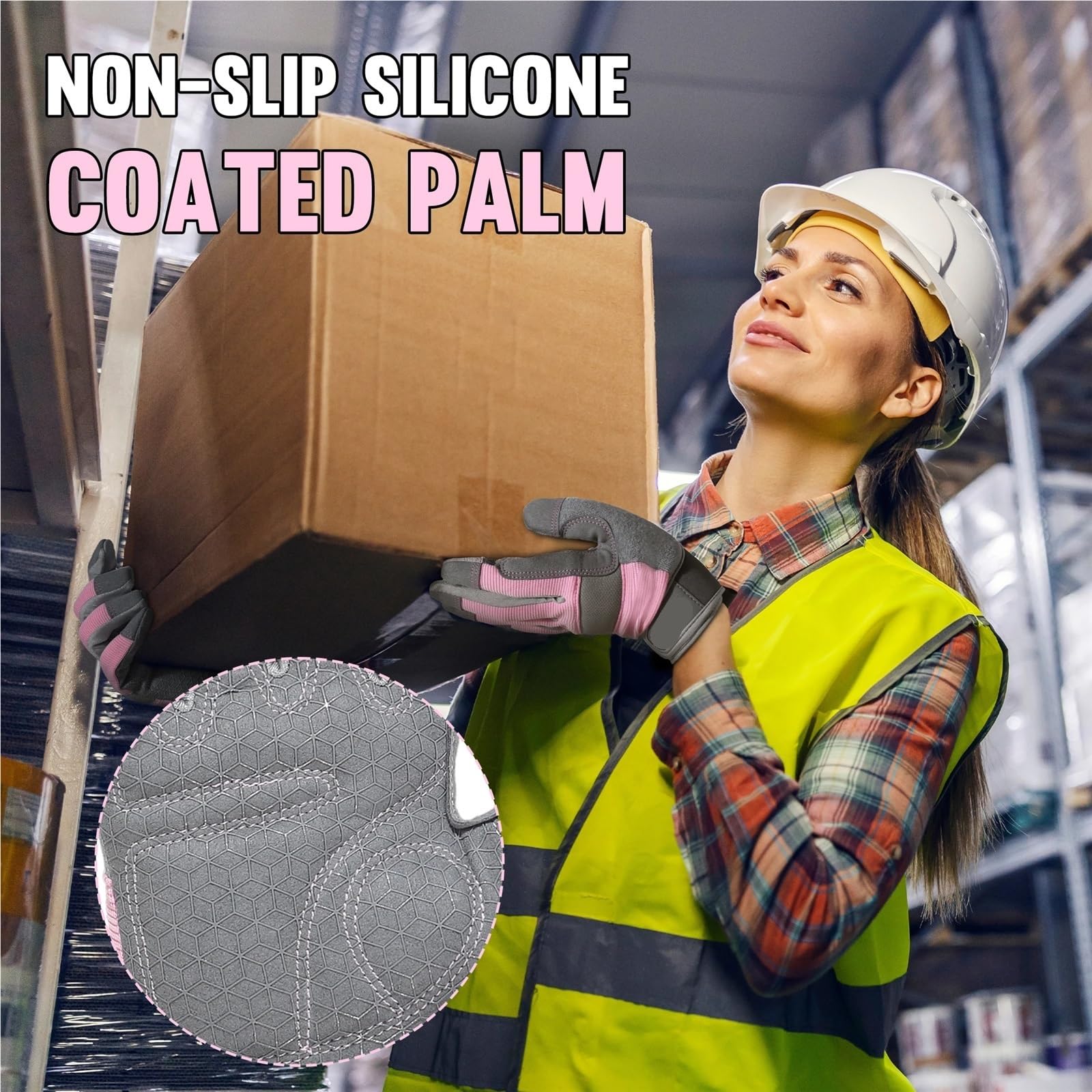 Guanti da lavoro donna con impugnatura, guanti guida di sicurezza in movimento, cantiere rosa per Uomo e Donna(XS)