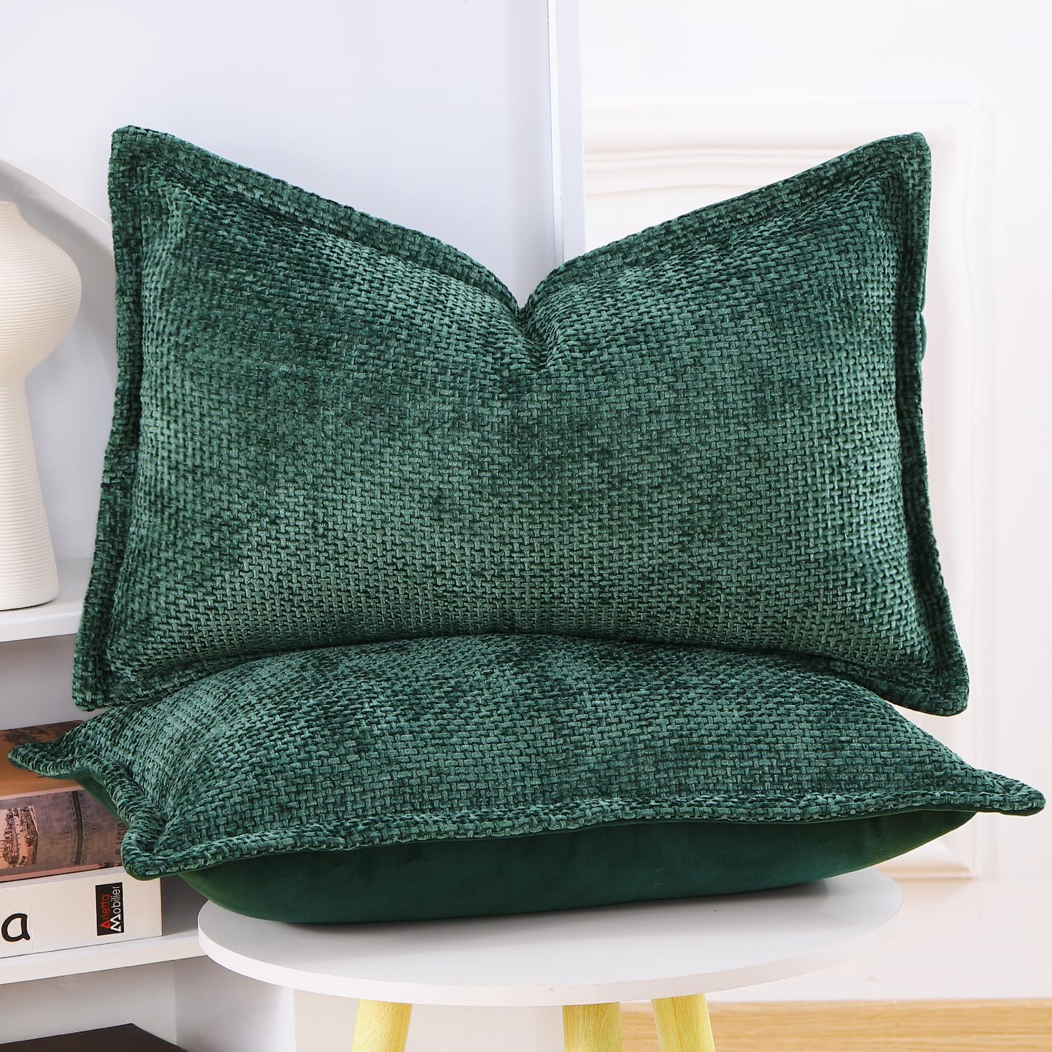 Madizz Set of 2 Chenille Velvet Cushion Covers with Flange Soft Boho Textured Throw Pillow Covers Broadside Pillowcases Modern Farmhouse Home Decor for Sofa Bedroom Dark Green 12x20 inch - Image 2