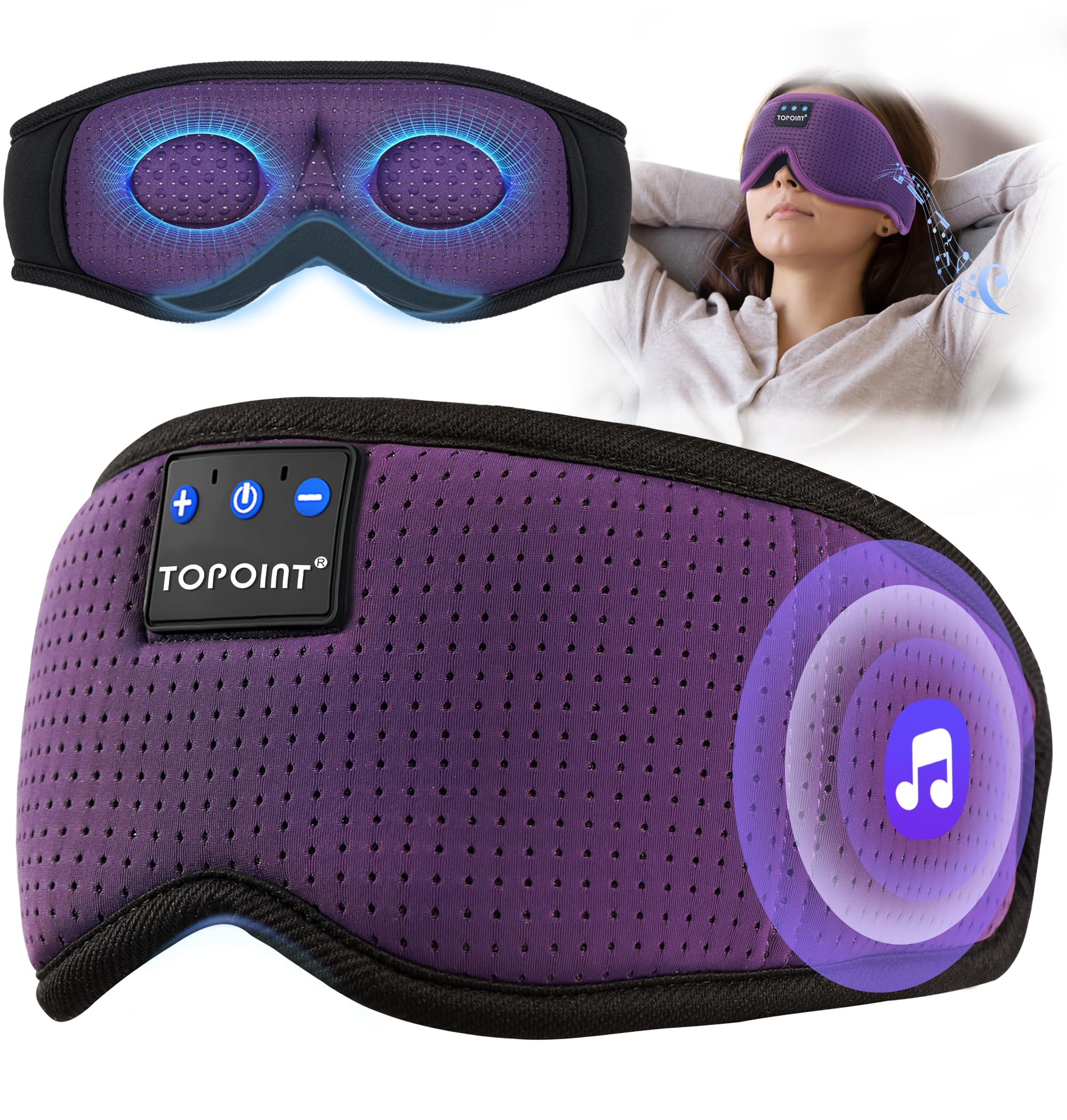 Sleep Mask with Bluetooth Headphones Wireless, TOPOINT 3D Eye Mask for Sleeping Headphones Women Men with Noise Canceling Earbuds, Thin Speaker,