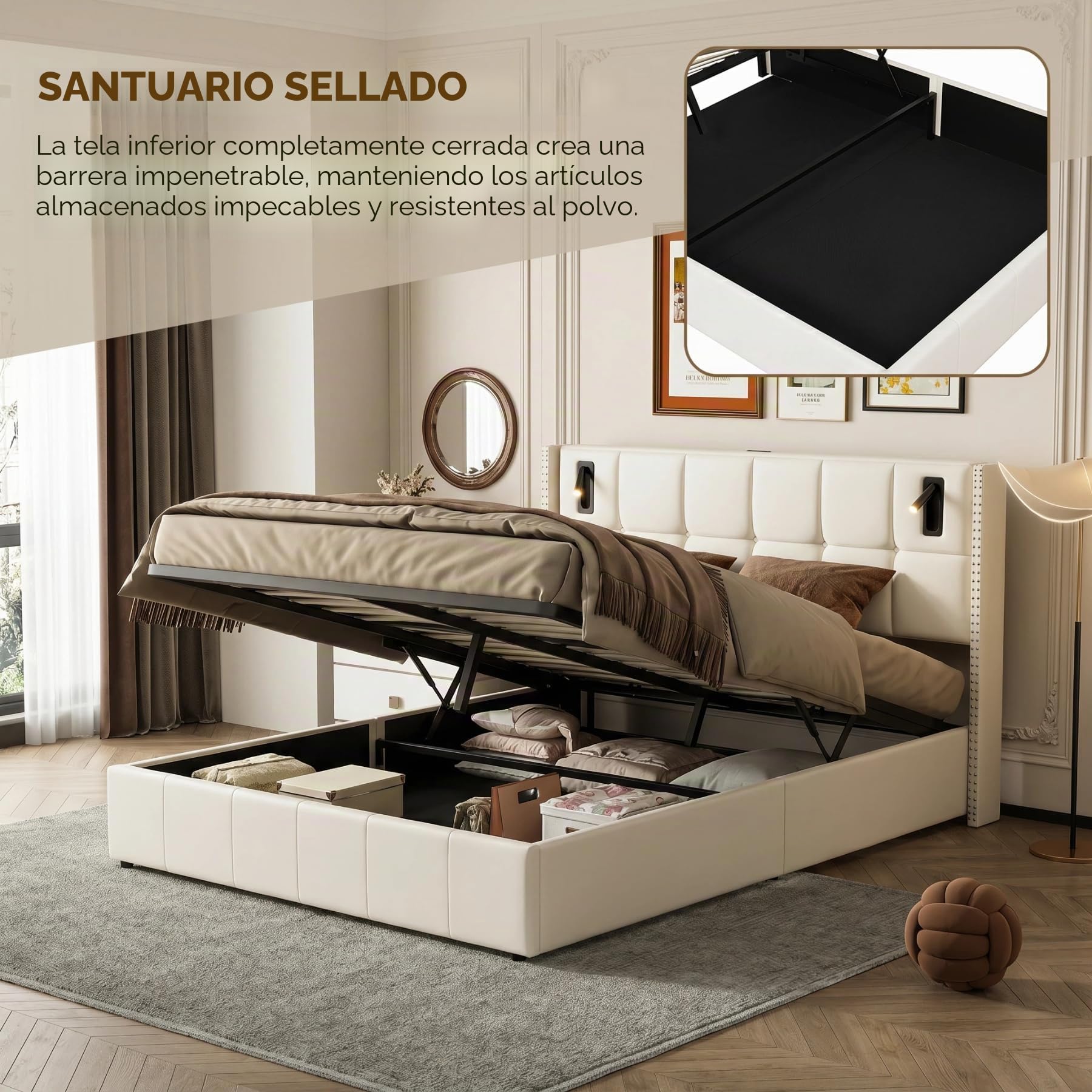 BRILVERDE Cama Tapizada 160x200 con Almacenamiento hidráulico, Cama matrimonial con lámpara de mesita, Cabecero Acolchado y Base de Láminas, Terciopelo (Beige, 160 x 200 cm)