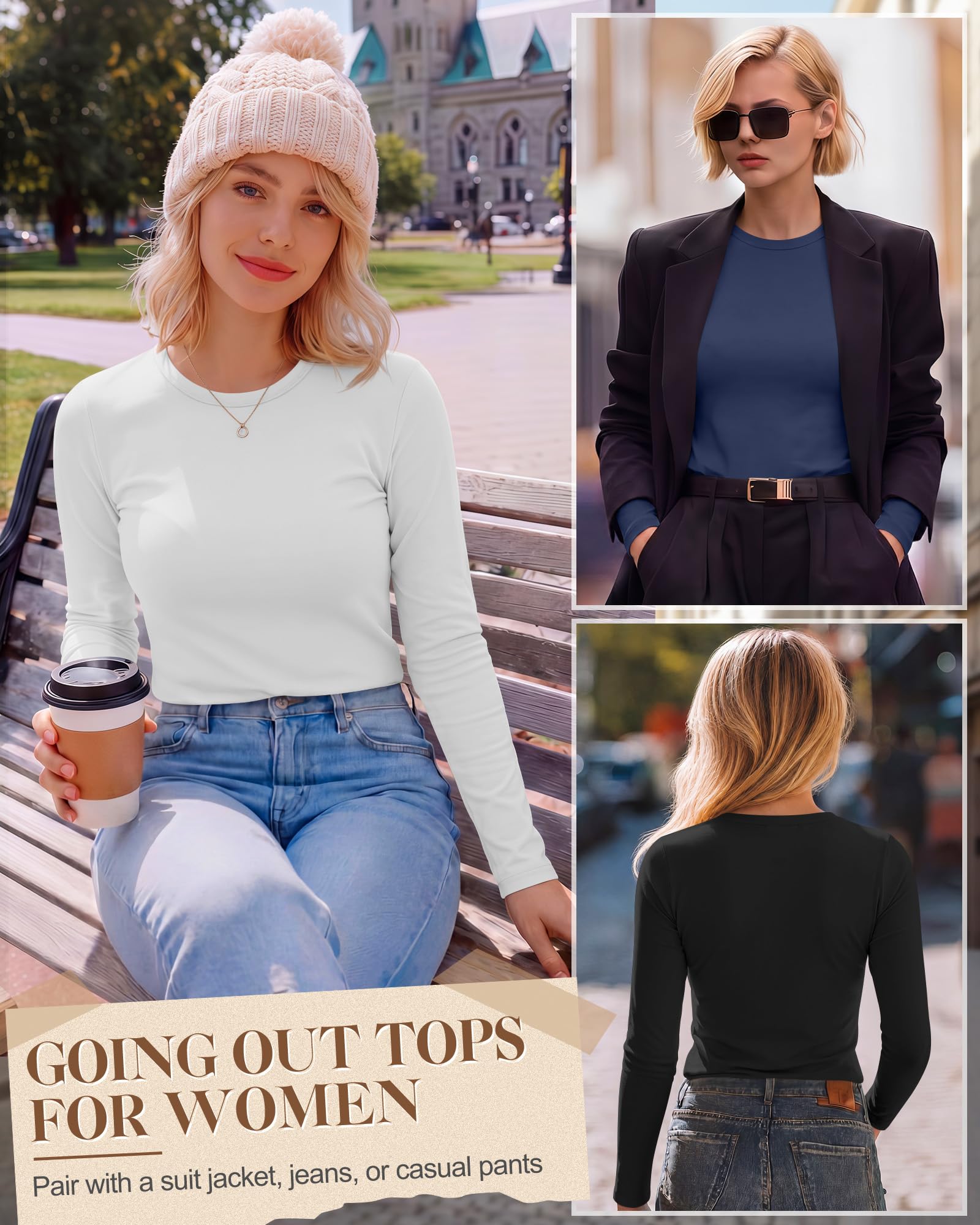 Riyiper 3er Pack Langarmshirts für Damen Baumwolle Rundhalsausschnitt Oberteile Schmal Geschnitten Dehnbar Lässig Basic