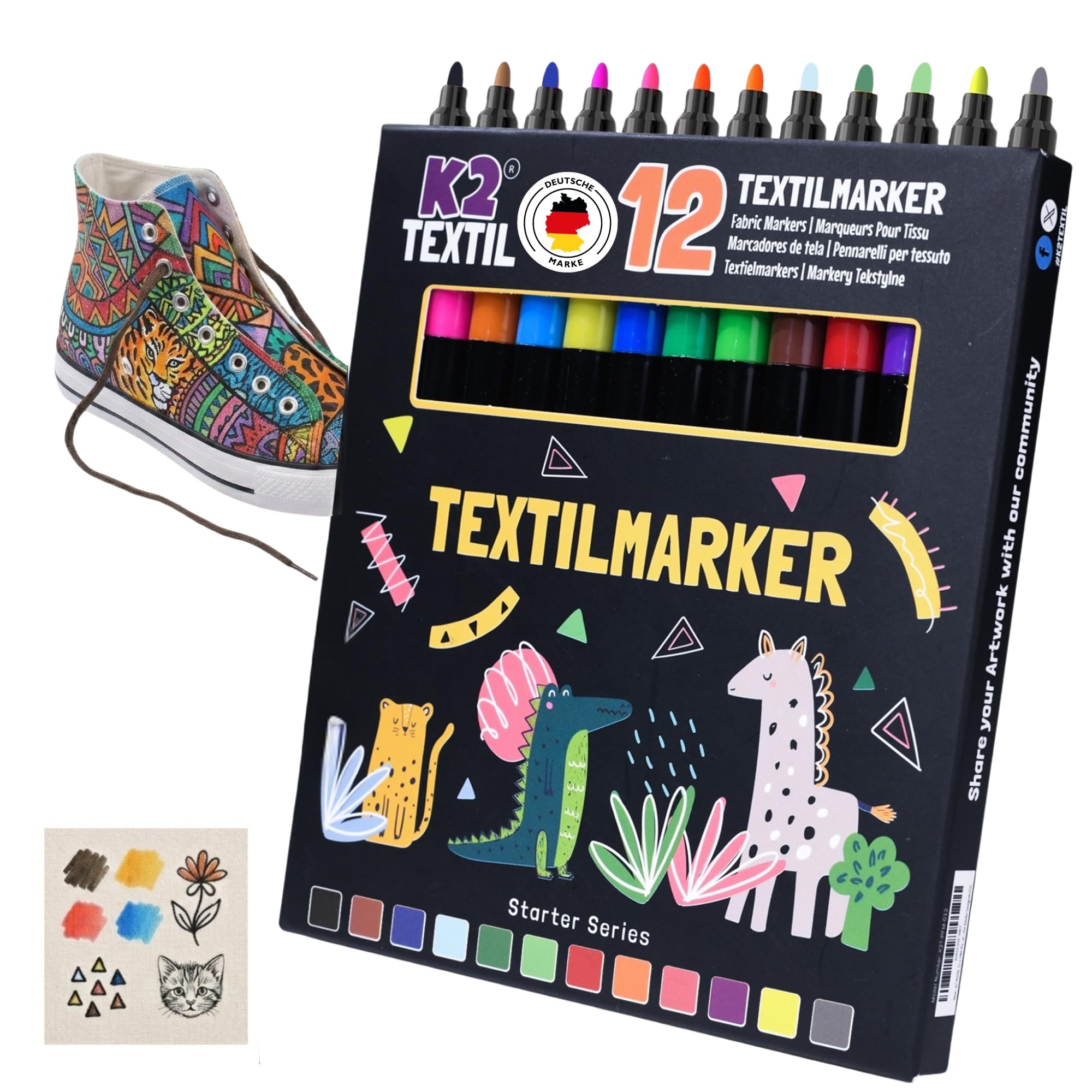Navie Mobi Textielstiften,12 kleuren Textielmarkers,Fabric Markeerstiften Wasmachinebestendig,permanente stofverf,Stiften voor T-shirt,jeans,hoeden, slabbetjes,canvas tassen