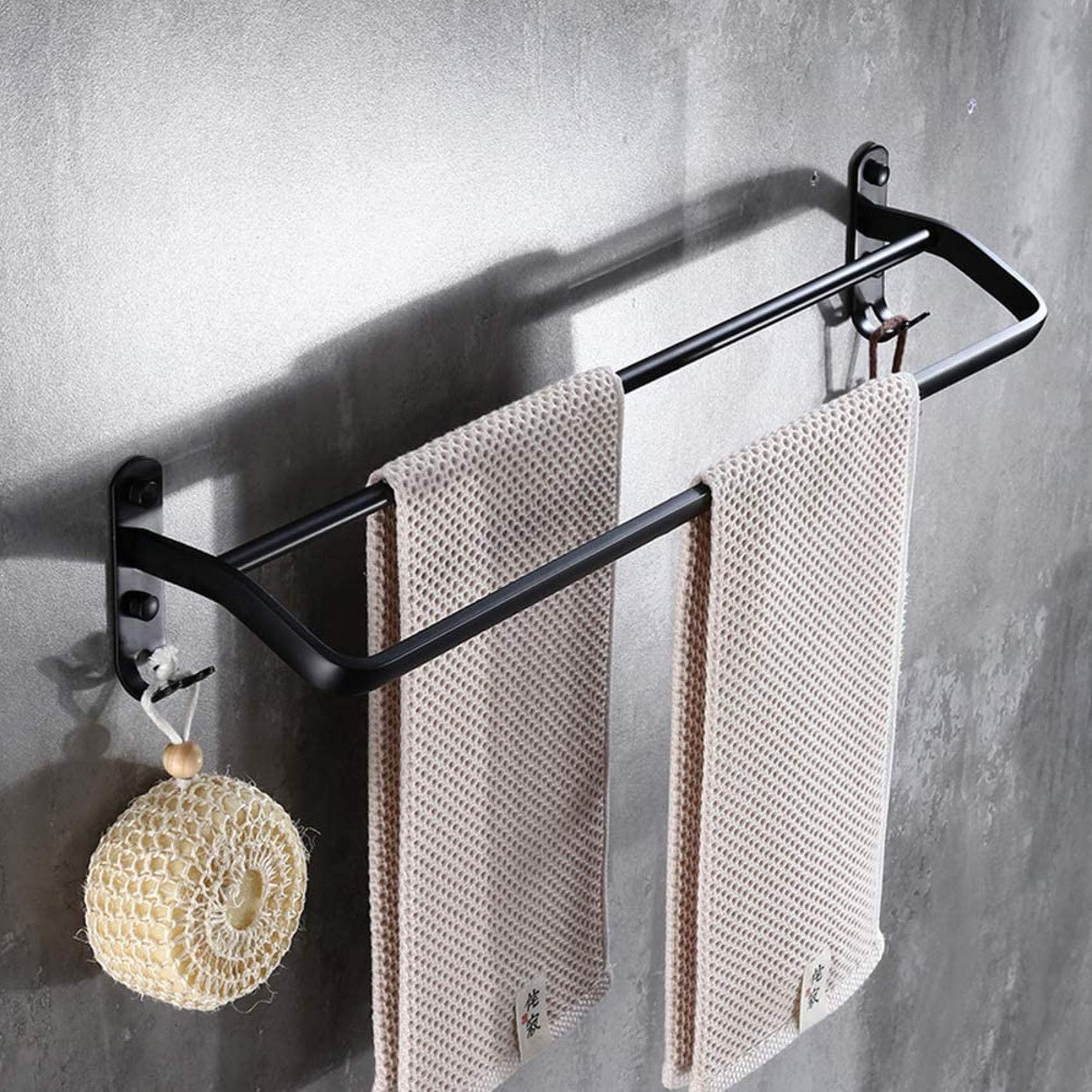 FGXHHS Bathroom Space aluminum Rust towel bar,Black Matte Single pole Towel rack,American Double With hook rack Punch Free punch use-E 50cm(20inch)