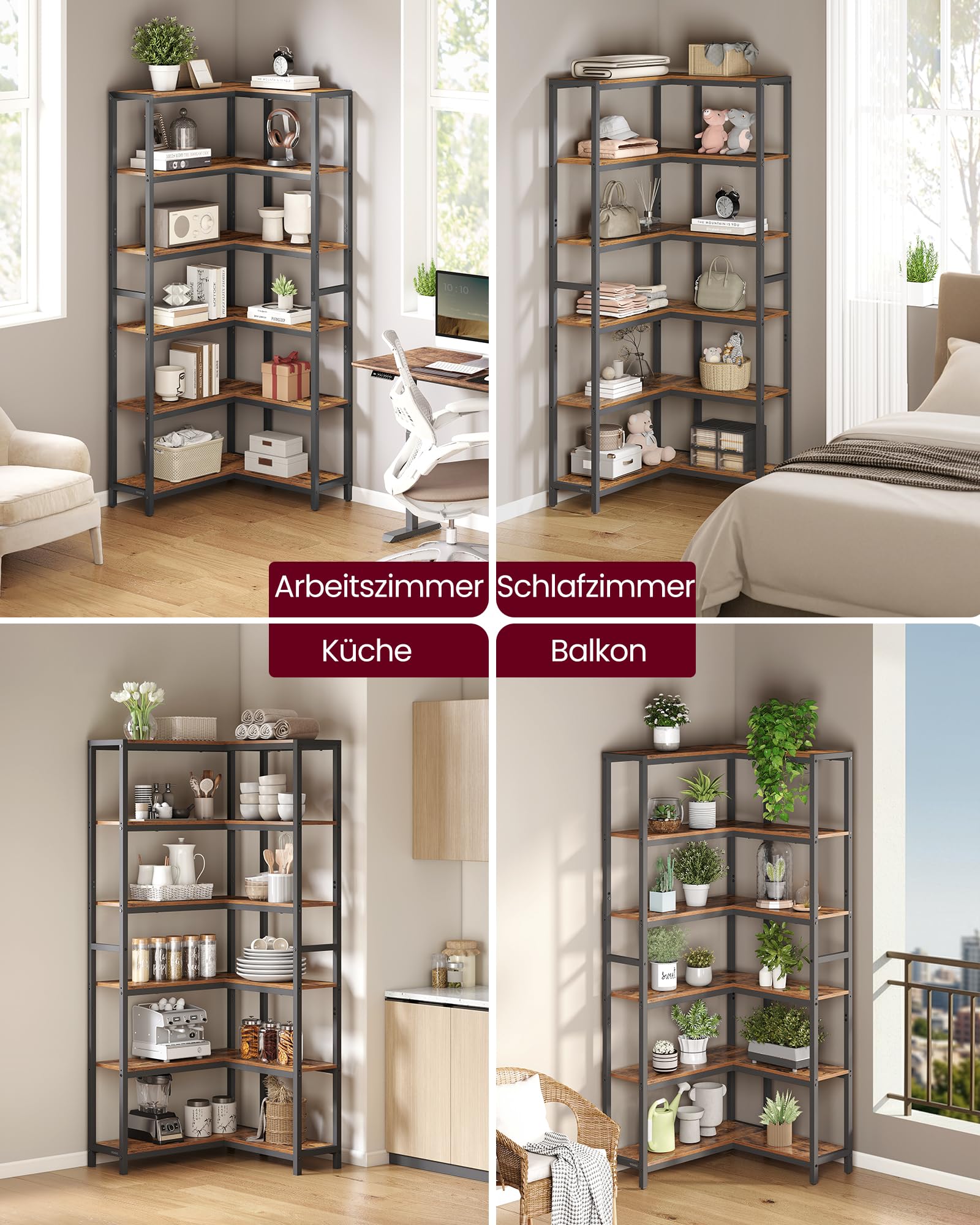 VASAGLE Bücherregal mit 6 Ebenen, Eckregal, Aufbewahrungsregal, 24 x 102 x 175,2 cm, modern, für Wohnzimmer, Schlafzimmer, Büro, vintagebraun-tintenschwarz LLS606K01