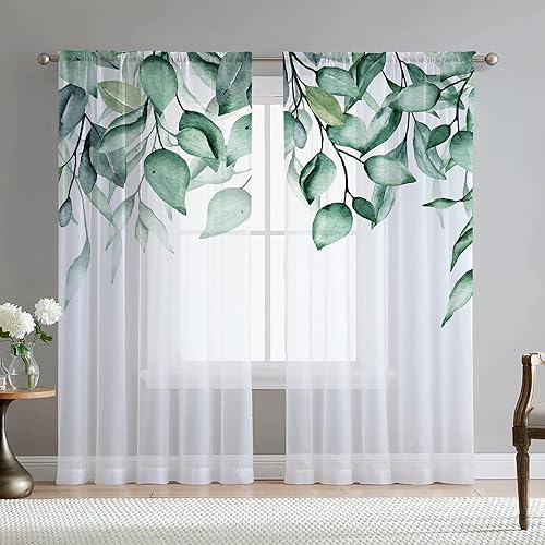 Cortinas de hojas de eucalipto verdes para sala de estar de 84 pulgadas de largo, juego de 2 paneles elegantes con estampado de hojas, plantas,