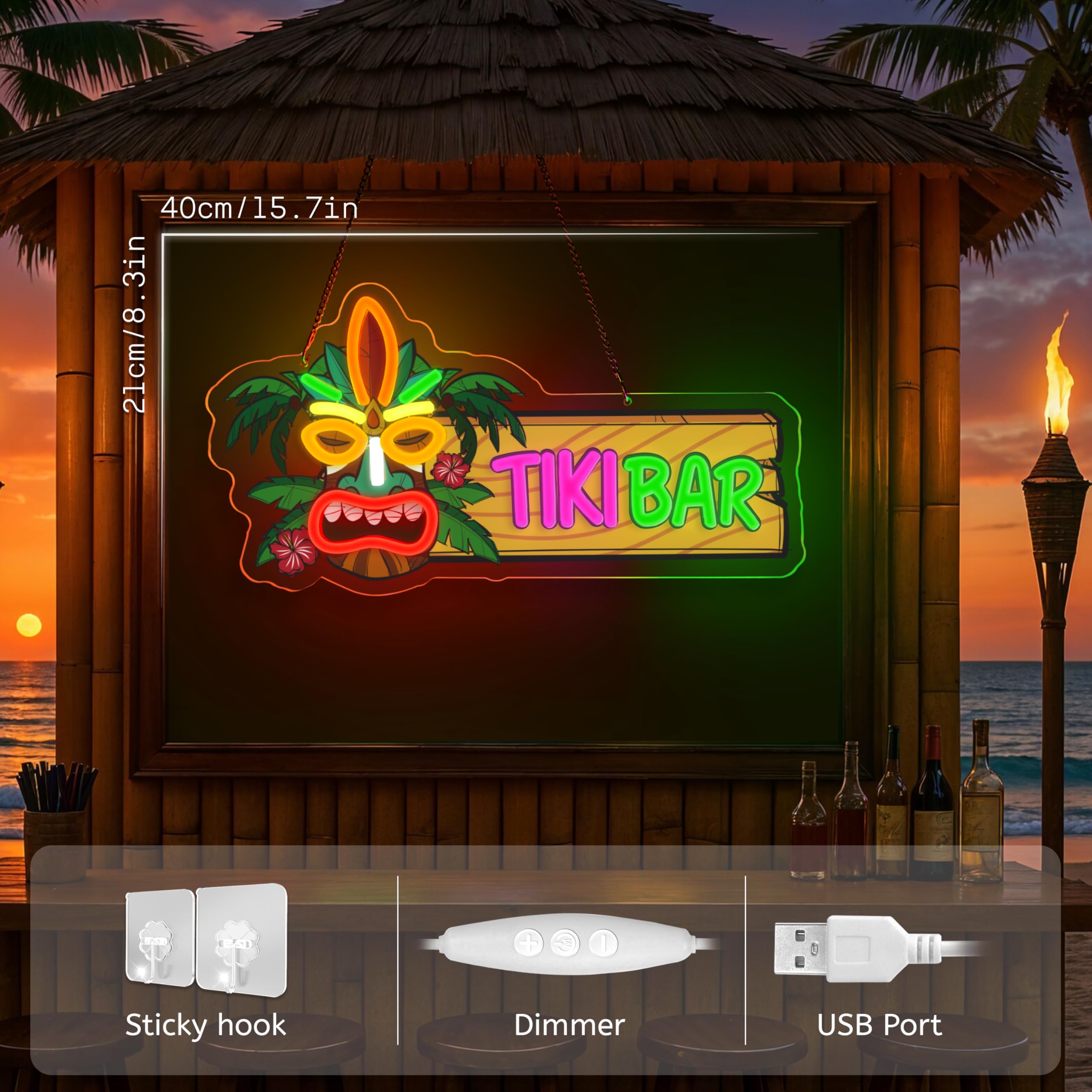 Panneau néon Tiki Bar à intensité variable pour Aloha Hawaï Tropical Anniversaire Alimenté par USB pour décoration de fête hawaïenne Luau
