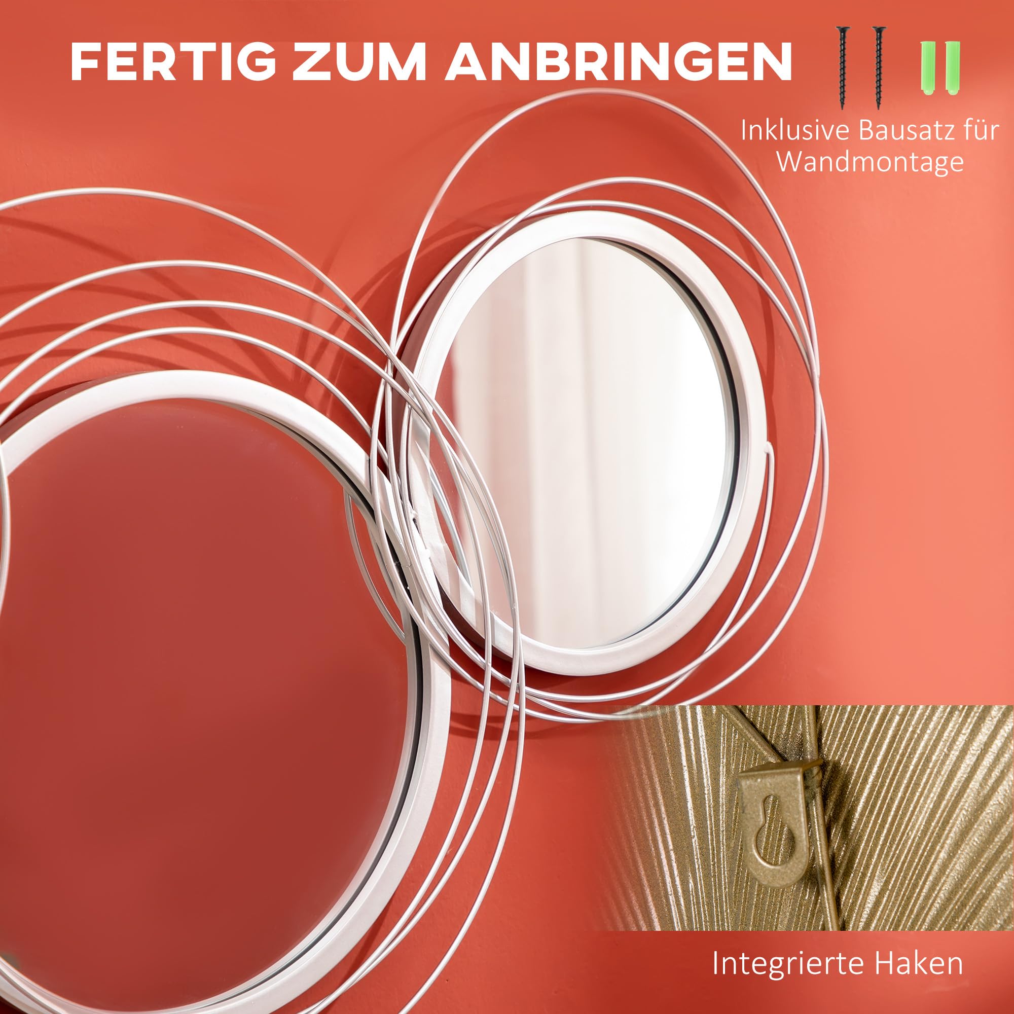 HOMCOM Spiegel Silber für Wanddekoration Metall mit 4 Runden Spiegeln | Wanddeko Wohnzimmer, Wandspiegel, Flurspiegel, Geschenk für Wohnzimmer, Schlafzimmer