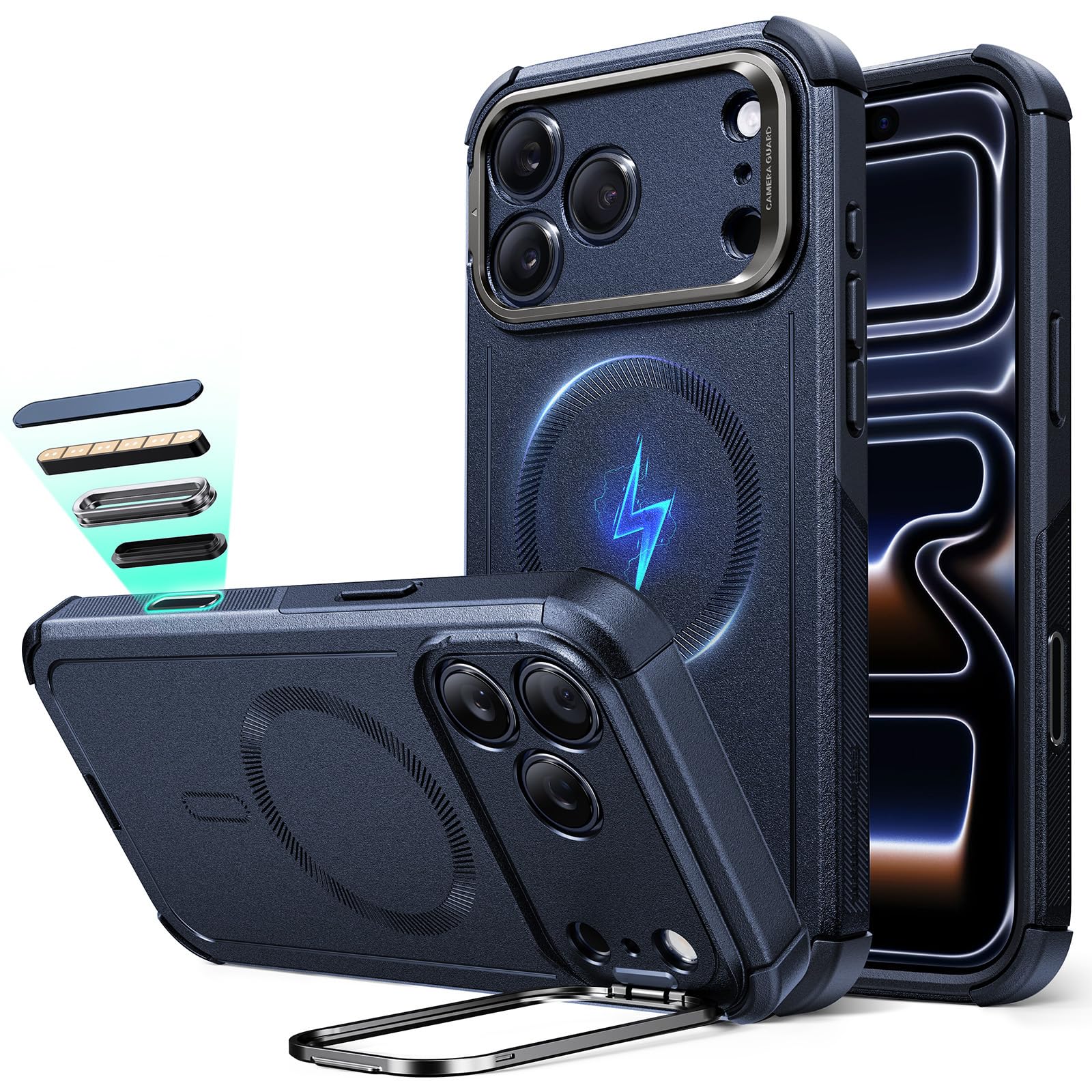 Photo 1 of ESR for iPhone 17 Pro Max Phone Case with Stand, 23ft Military-Grade Drop Protection with Camera Control, Shock-Absorbing Rugged Cover, Compatible with MagSafe Accessories, Cyber Series, Blue