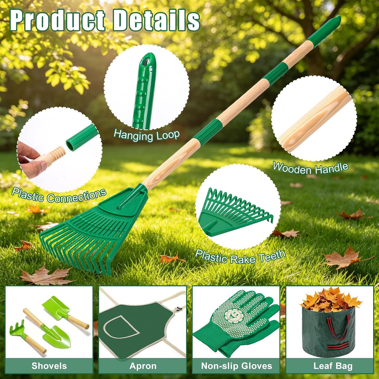 34" Kids Adjustable Leaf Rake Set 10 Pack with 3 Shovels & Leaf Bag image 3