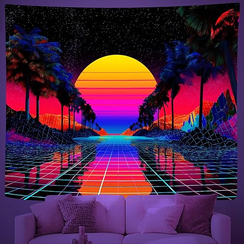 Miniatura 1 de Tapiz retro de los años 80 con luz negra, diseño de palmeras y montañas que brilla en la oscuridad, para colgar en la pared, reactivo a los rayos