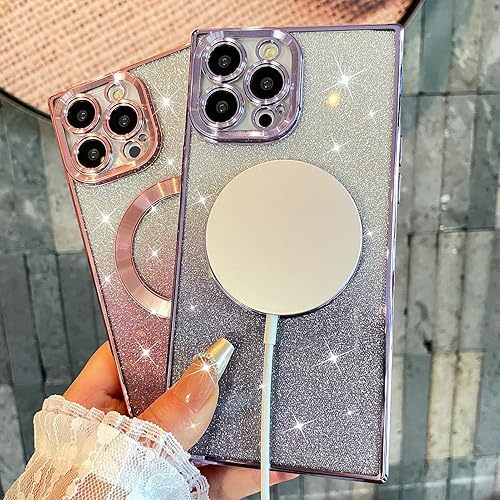 Miniatura 3 de ZIYE Funda cuadrada para iPhone 13 Pro Max magnética con purpurina compatible con MagSafe funda protectora transparente chapada para mujeres y