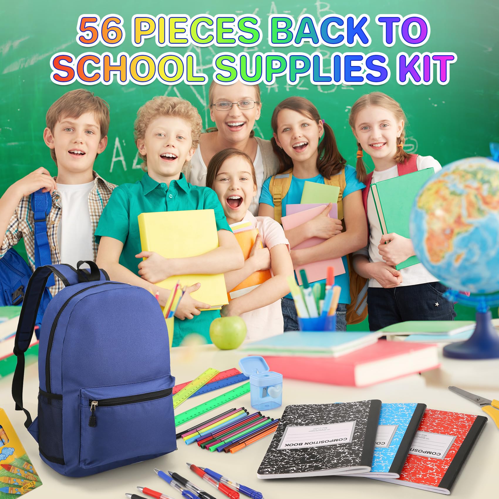 Yocdunm 56 Pieces Back to School Supplies with 15 inch Backpack Back to School Supplies Bag Stationery Set Elementary School Supply Kit Essential Bundle Bulk School Stationery Set - Image 4