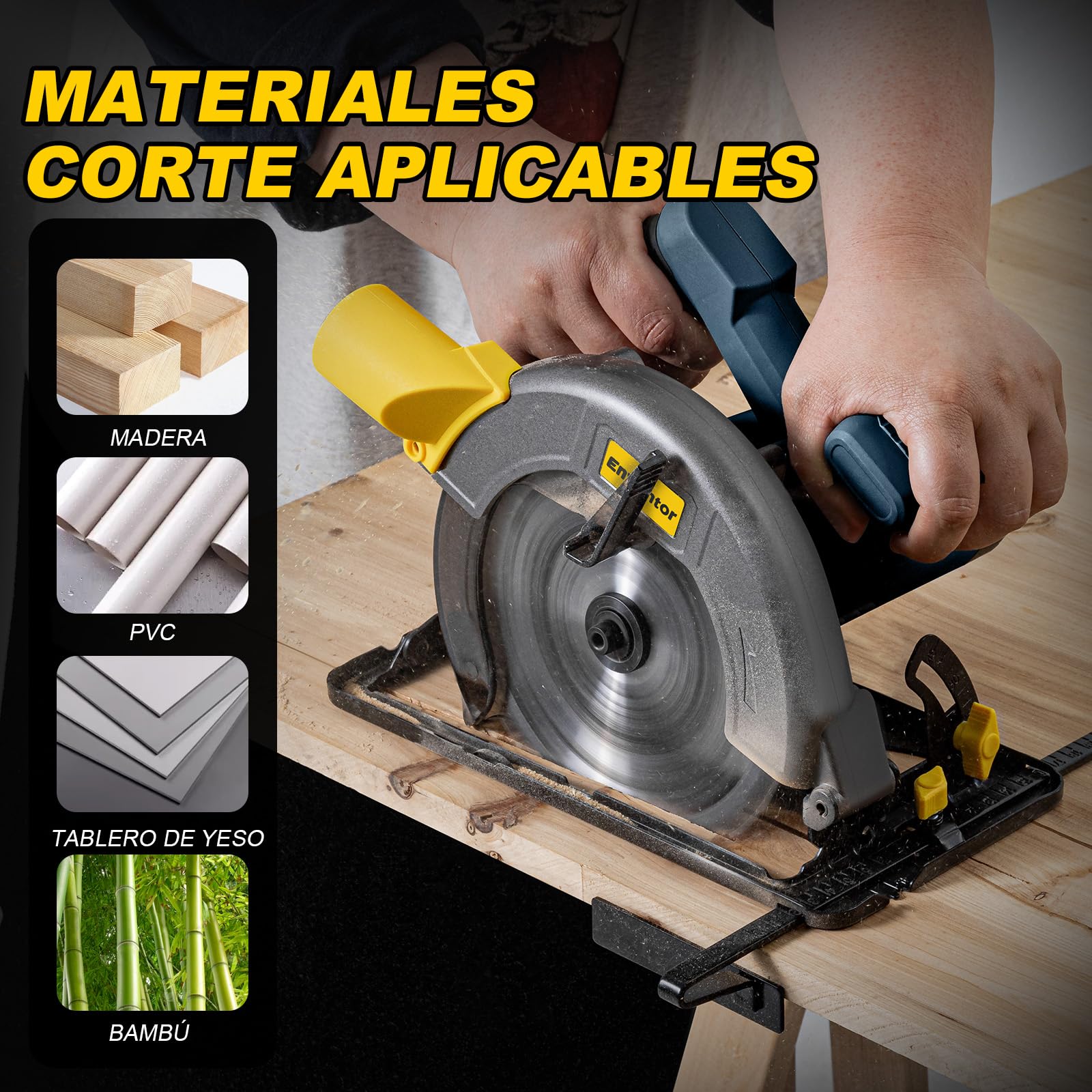 Enventor 1400W Sierra Circular, Hoja de Sierra 185mm(24T) | Sierra Circular de Mano 6000RPM, Profundidad de Corte 62mm(90°), 48mm(45°), Motor de Cobre Puro, Ideal para Cortar Madera