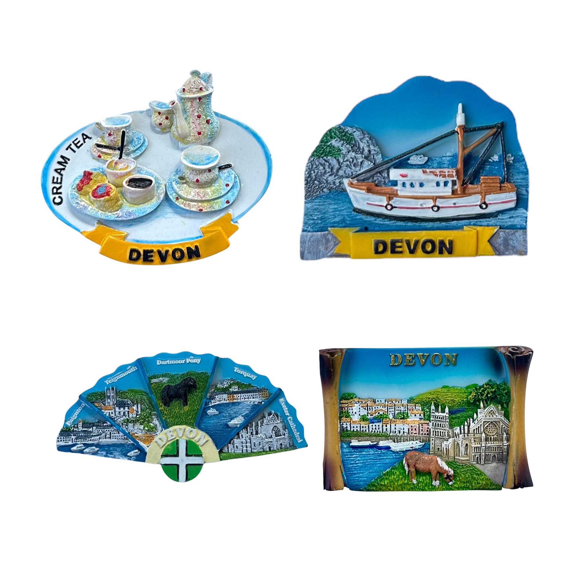 LILAJ Set of 4 Devon 3D Resin Fridge Magnets UK Souvenir Gift Pack Featuring Cream Tea, Paignton, Dartmoor Pony, Exeter, Coastal Landmarks Decorative Kitchen Magnet Set for Fridge or Magnetic Surfaces