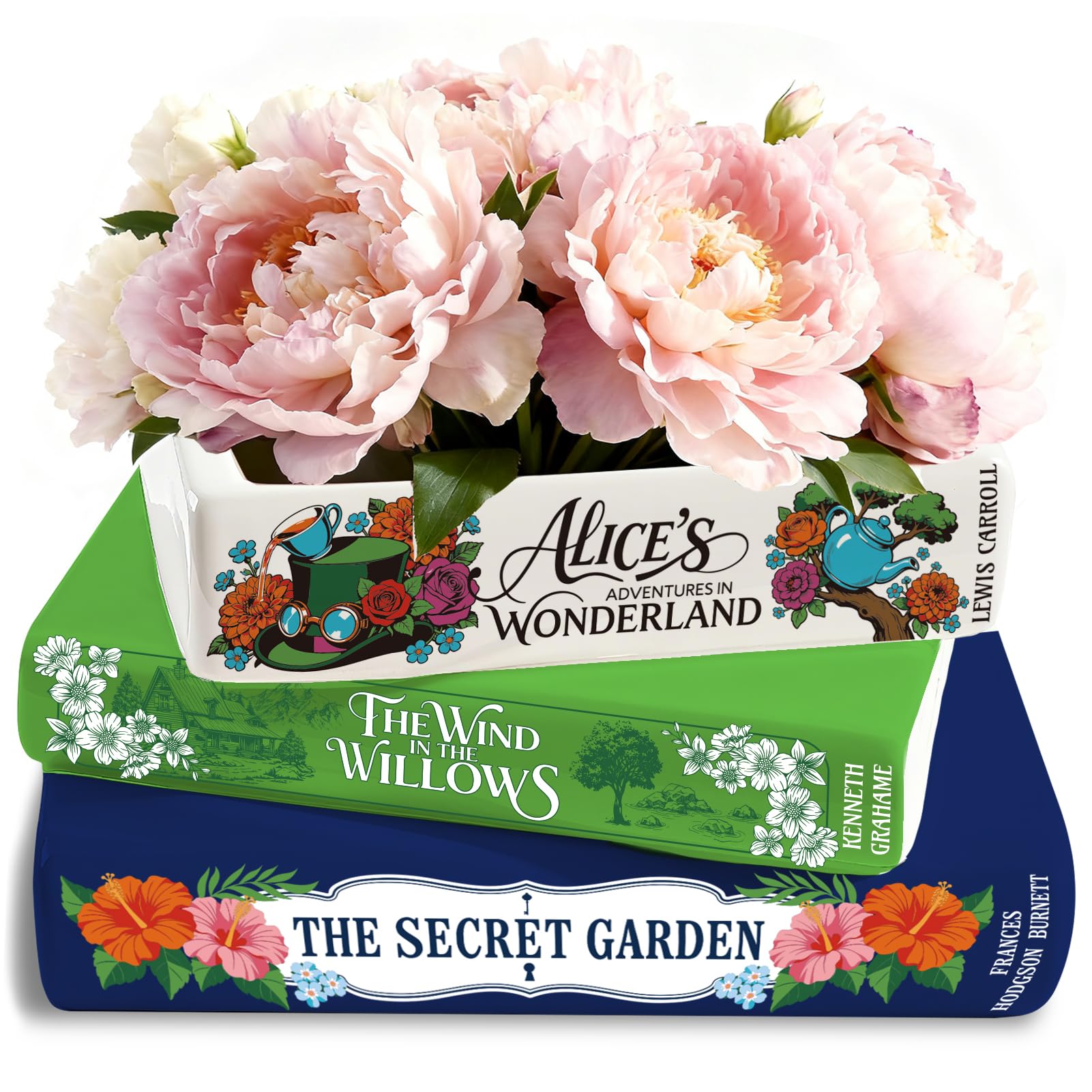 GLASSWINDS Small Book-Shaped Ceramic Planter for Flowers, Classic Titles Vase for Bookshelf Home Office Decor,Unique Decorative Gifts for Book Lovers, Alice in Wonderland