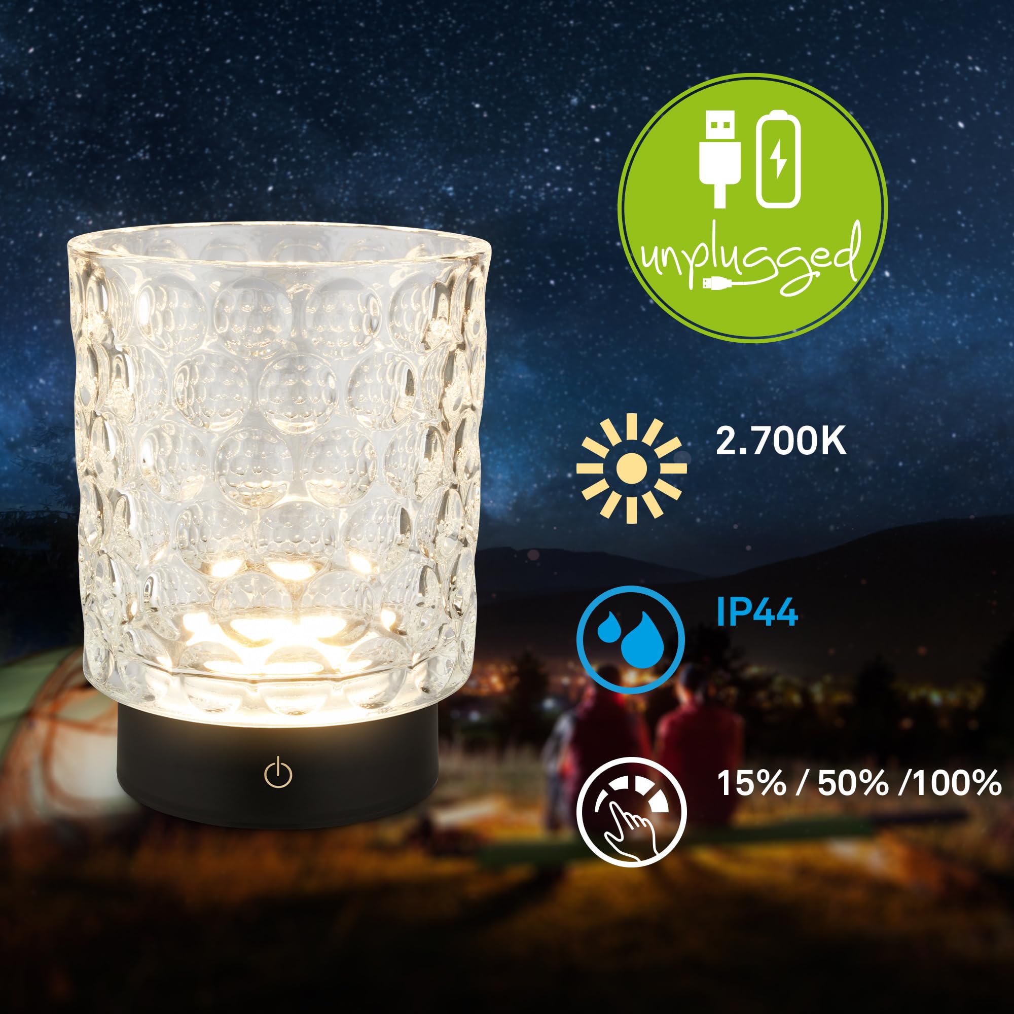 Briloner - Lampada da tavolo a LED senza fili IP44 con corpo in vetro, dimmerabile a tocco, batteria ricaricabile e sorgente luminosa intercambiabile, lampada da comodino, 15x11 cm, trasparente