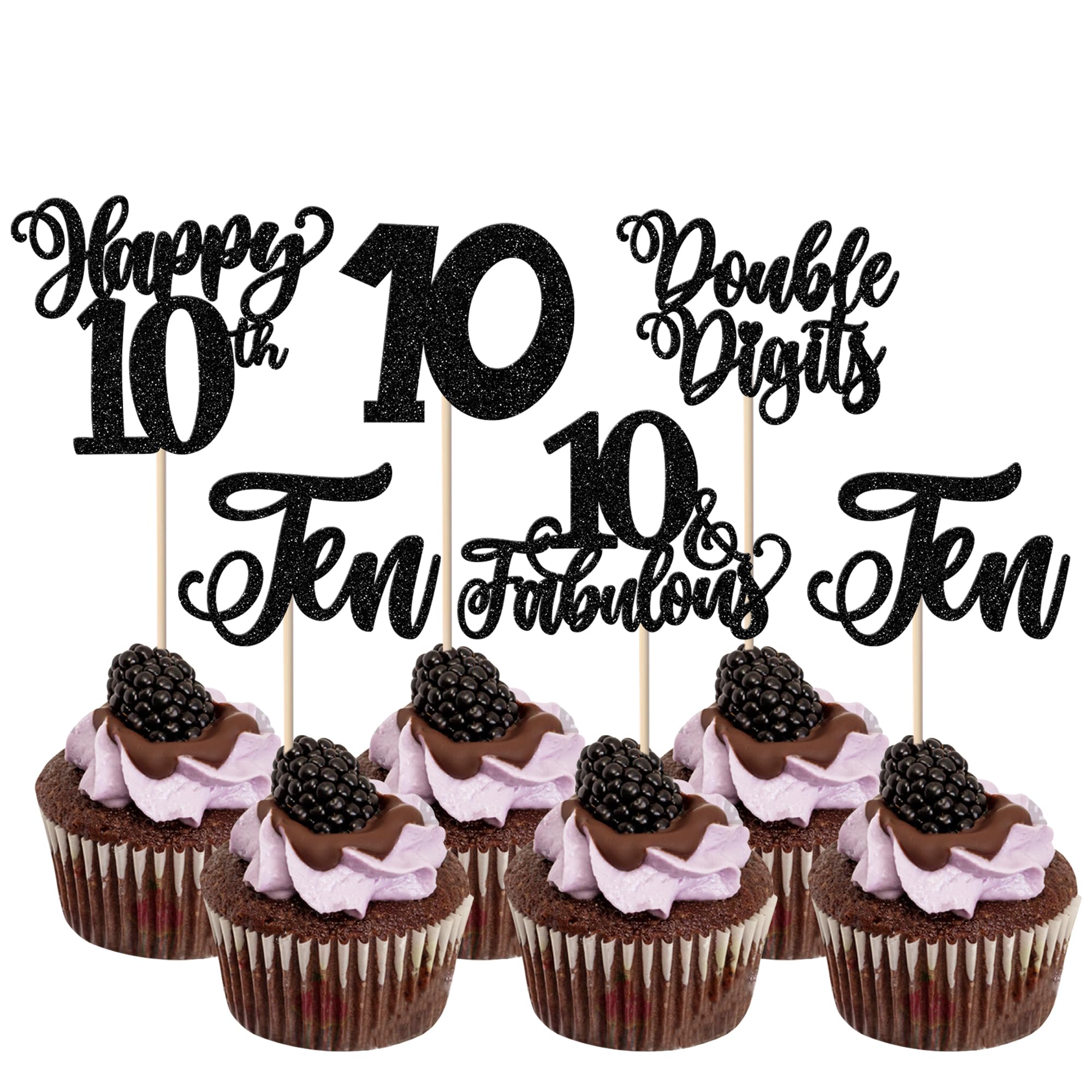 SYKYCTCY 30 Pack Happy 10th Birthday Cupcake Toppers Ten Double Dights Cupcake Picks 10 Fabulous Cupcake Decorations for 10th Birthday Anniversary Party Supplies Black