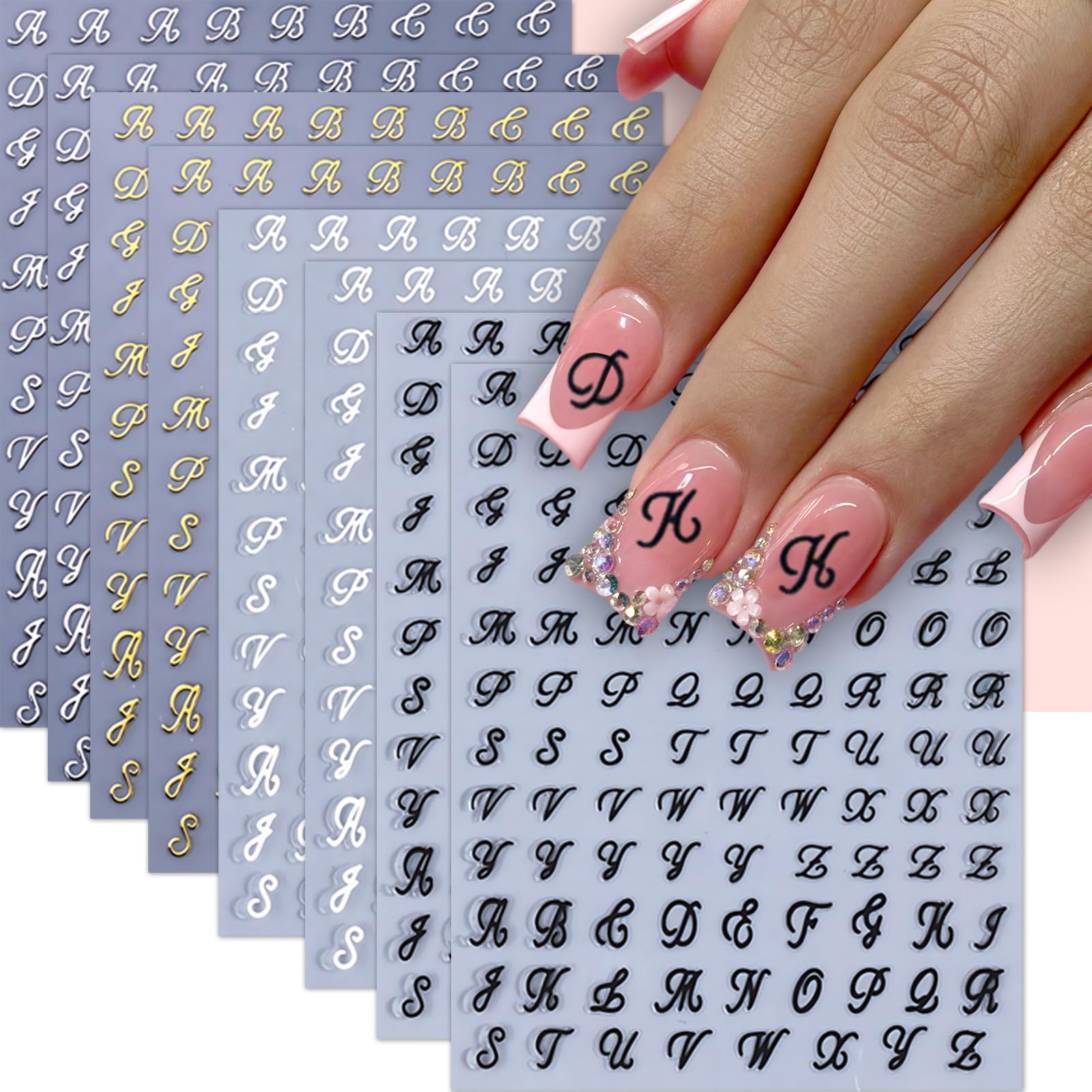 8 Sheets Old English Letters Nail Stickers 3D Self-Adhesive English Letter Nail Decals Gold Silver Black White Retro English Pattern Nails Art Sticker