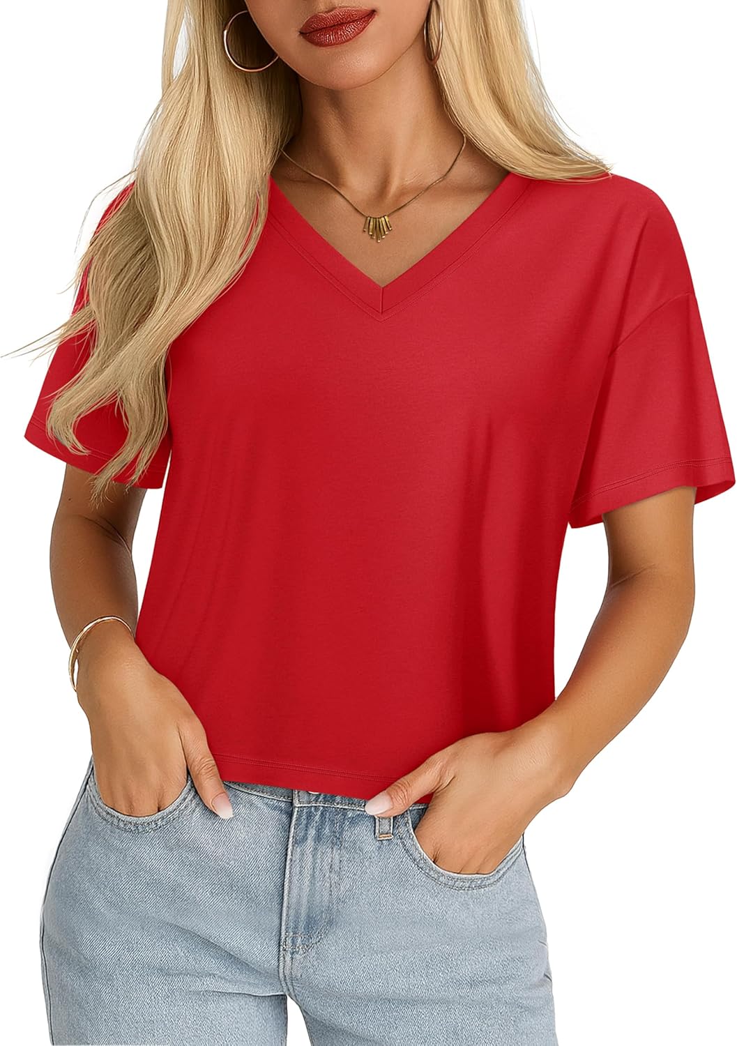 YUCOLEN Cropped T Shirts for Women Short Sleeve V Neck Cotton Basic Tees Soft Loose Fit UPF 50+ Crop Tops for Summer