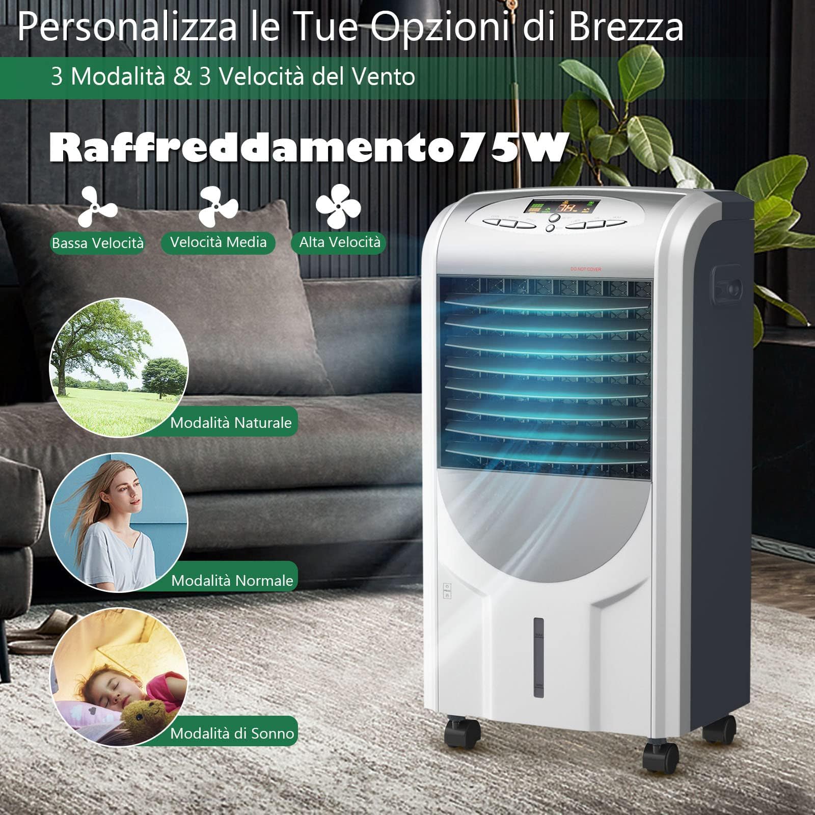 RELAX4LIFE Raffreddatore Evaporativo 5 in 1 con Raffreddamento 75W,Riscaldamento 2000W, Umidificatore e Ventilatore, Purificatore d'Aria, LED Display, Timer 8 H e Serbatoio 7 L