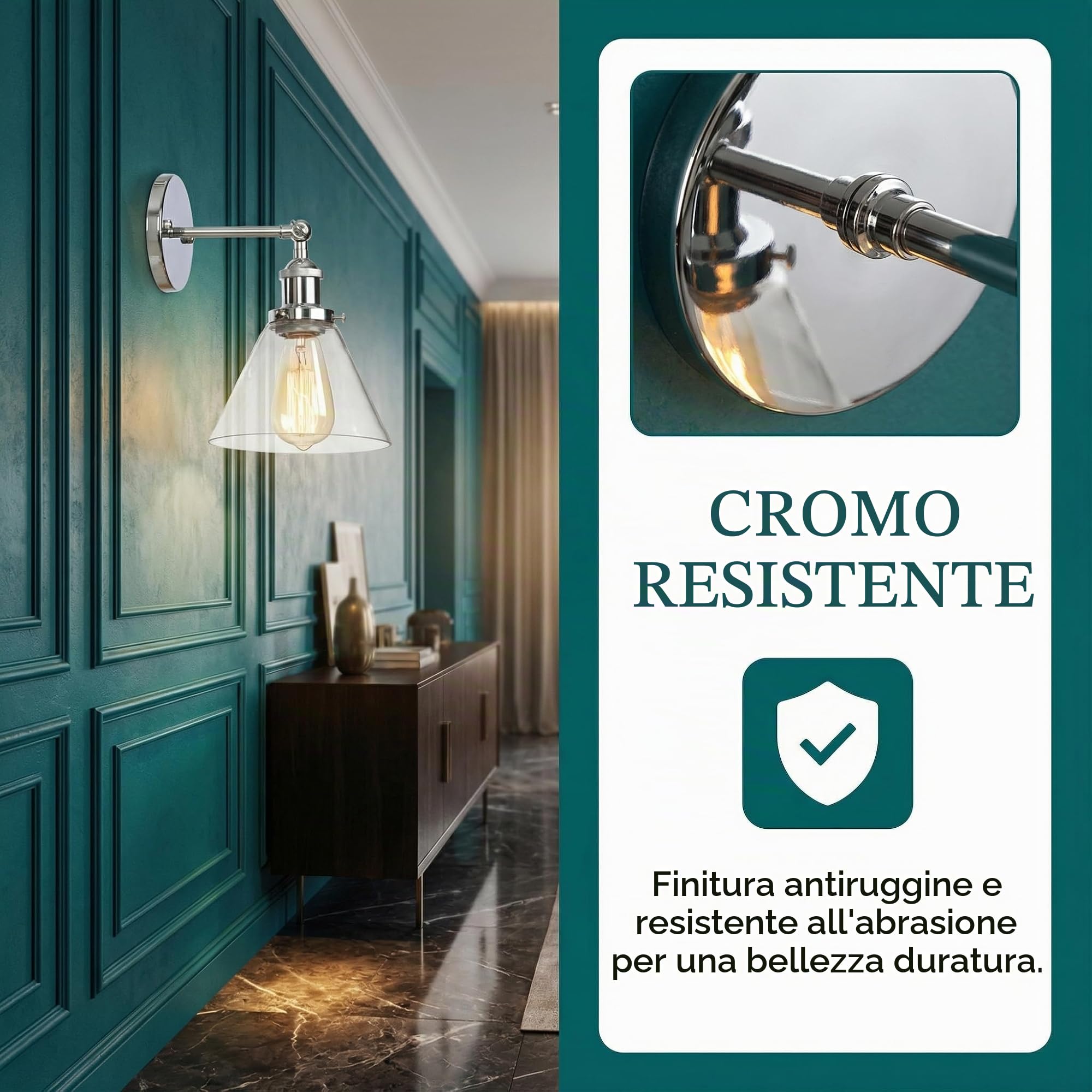 Applique da Parete Industriale, Lampada da Parele Vetro Vintage E27 per Angolo Lettura, Camera da Letto, Ingresso e Bagno, Illuminazione per Arredamento Casa (Argento Moderno, B)