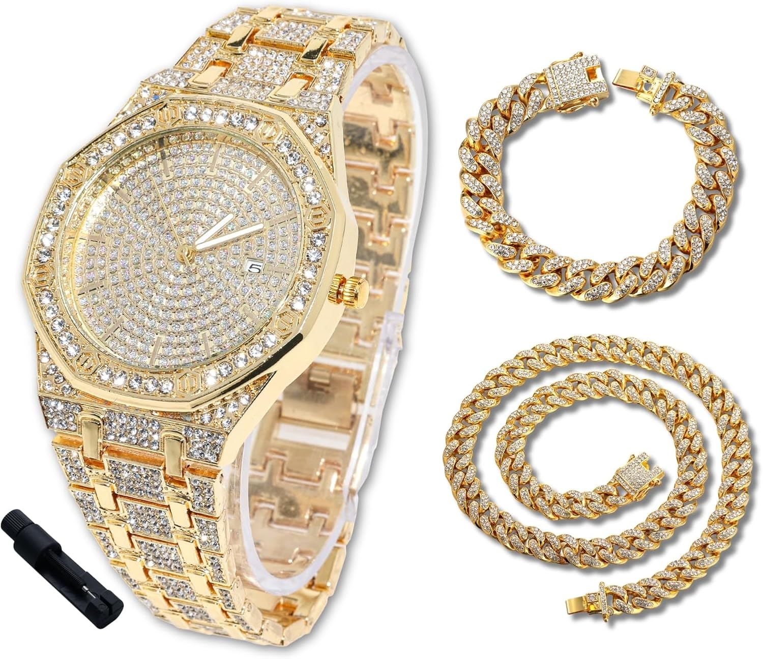 Halukakah Diamonds Gold Watch Iced Out for Boy Teens Kids - 18K Real Gold/Platinum Plated,40mm Roman Numerals Octagonal Dial,Japanese Quartz - 8" Length,with Watch Adjuster Tool -for Birthday,Parties