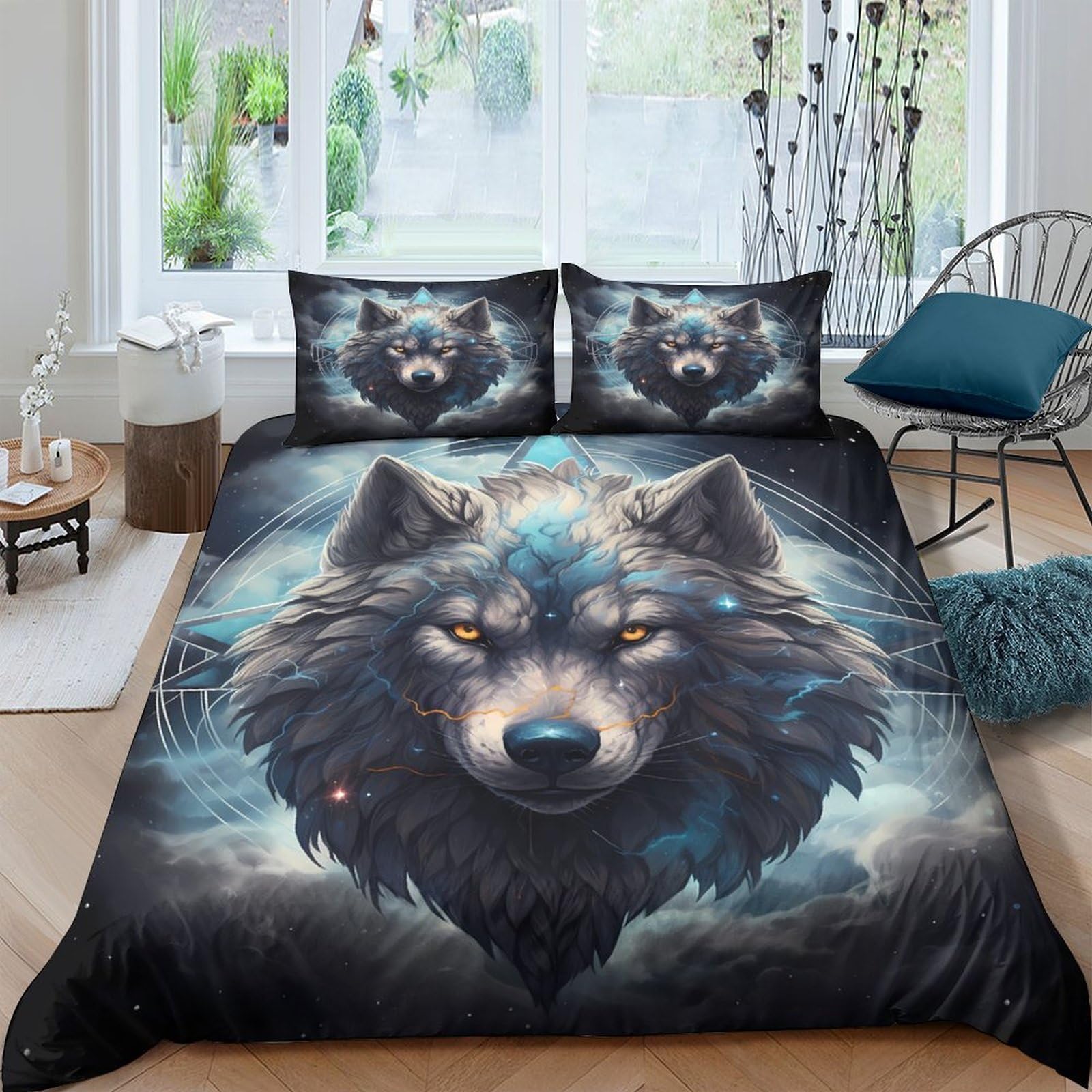 GPLZQXKJNH 3D Printed Wolf Night Forest Duvet Cover Microfiber Soft Breathable Moonlight Bedding Set with 2 Pillowcases for Bedroom Decor Single（135x200cm）