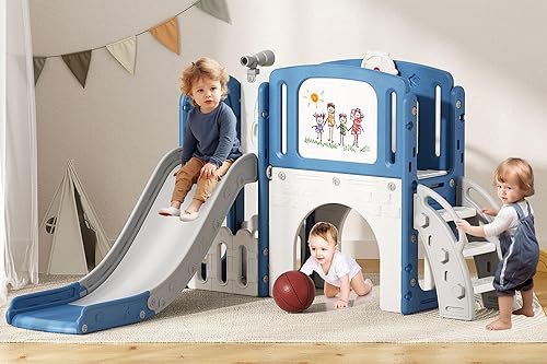 Glaf Tobogán 9 en 1 para niños pequeños, parque infantil para interiores, toboganes para bebés de 1 a 3 años de edad, patio trasero con aro de