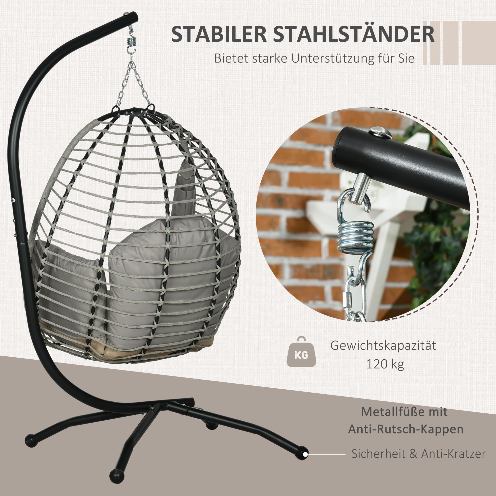 Outsunny Hängesessel mit Gestell Faltbar Waschbarer Sitz Becherhalter Grau | Eiförmiger Hängeschaukel, Sicherheitsseil, Hängematte Schaukelsessel, Indoor Outdoor, Terrasse, Garten