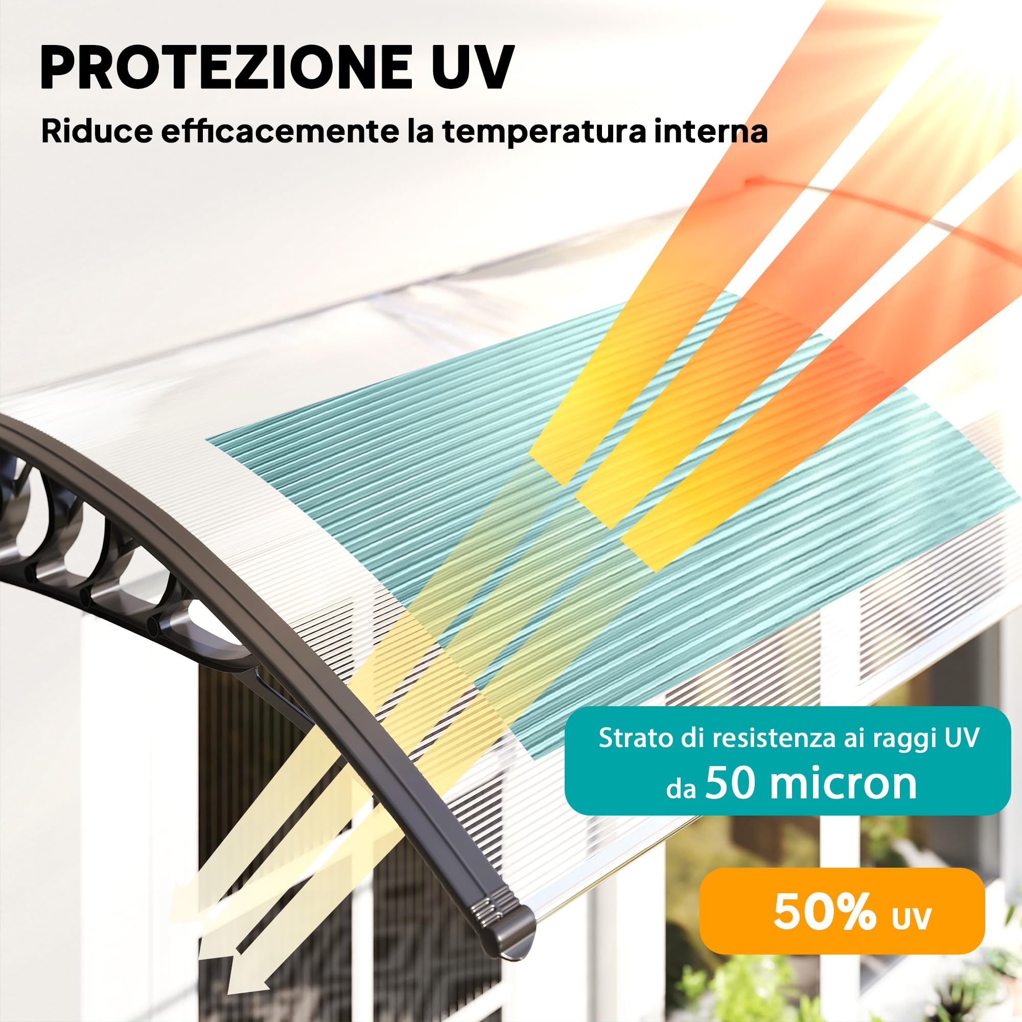 Outsunny Pensilina Tettoia da Esterno 150x90cm, Tettoia per Esterno Staffe in Policarbonato e Barre in Alluminio, per Balcone Finestre e Porte, Trasparente