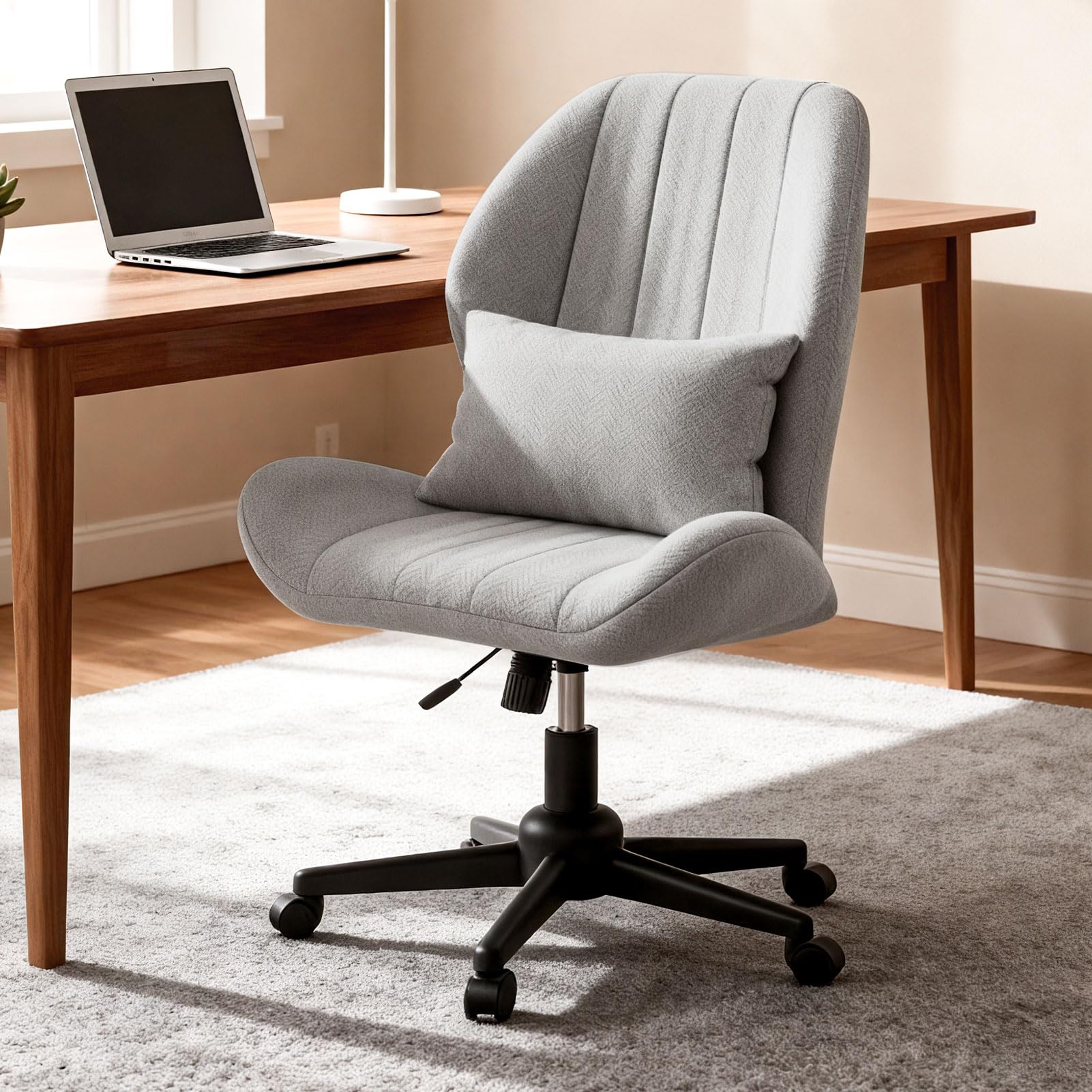Criss Cross Chair with Wheels, Wide Cross Legged Office Chair Armless Comfy Desk Chair with Tall Back Vanity Chairs with Stress Relief Curved Design Seat for Bedroom & Office & Home Grey