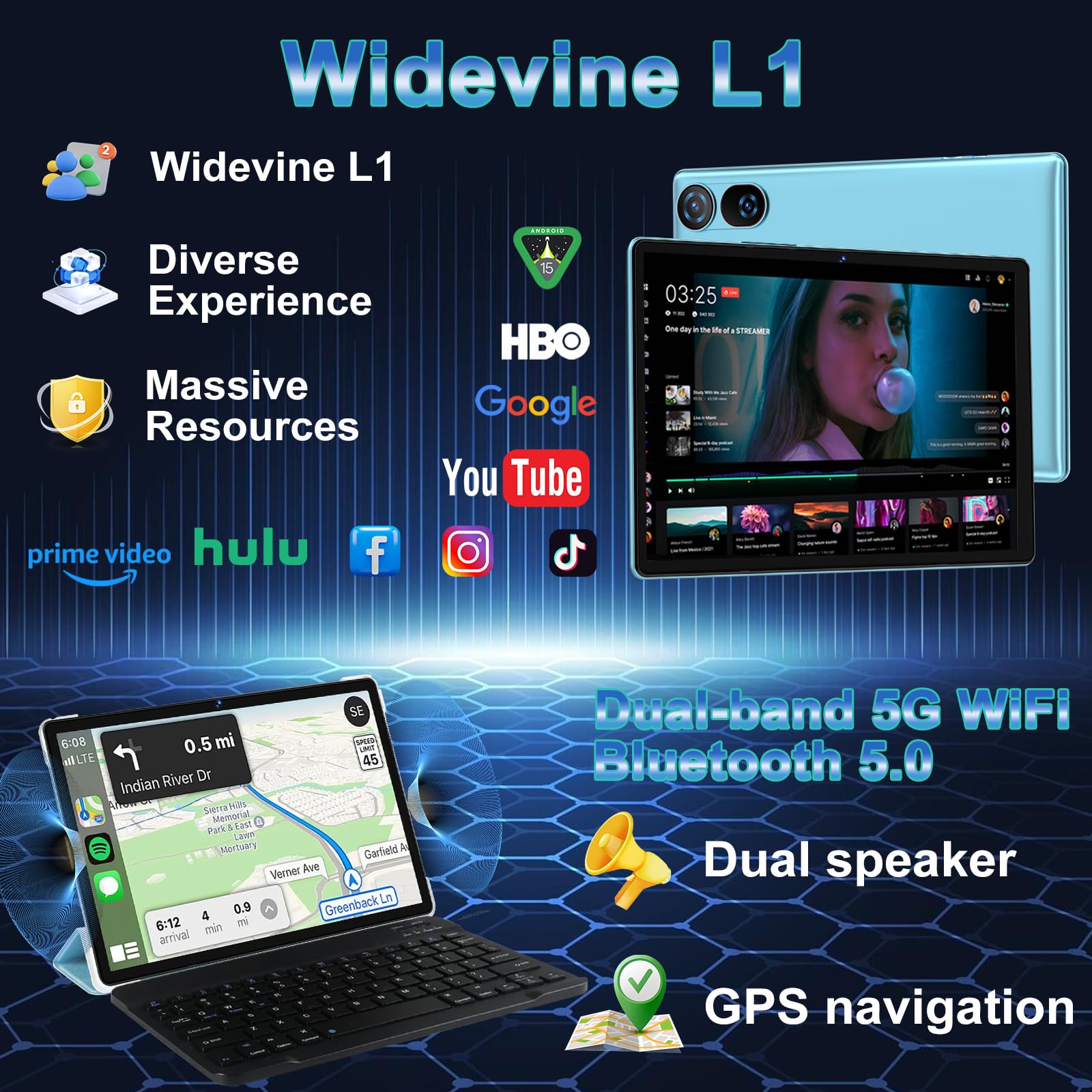 DMOAO Tablet 10 Pulgadas Android 15 con Gemini AI, 30 GB RAM + 2 TB ROM Expansión, 5G WiFi, GPS, Widevine L1, Octa-Core, BT 5.0, 6000mAh, USB-C, FHD Tablet con Teclado+ Ratón + Funda, Azul