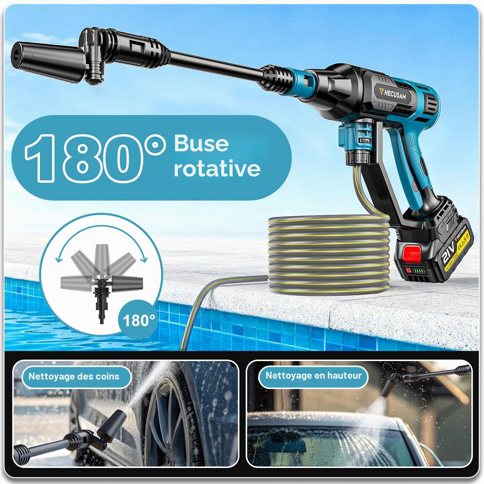Nettoyeur Haute Pression Sans Fil, Moteur Sans Balais 3000 W,Mode 4 Vitesses,Pression Max 125 Bars, Avec 2 Batteries 4,0 Ah,Buse Pivotante 6 En 1,Brosse De Nettoyage,Tuyau De 5 M,Nettoyage Et Arrosage