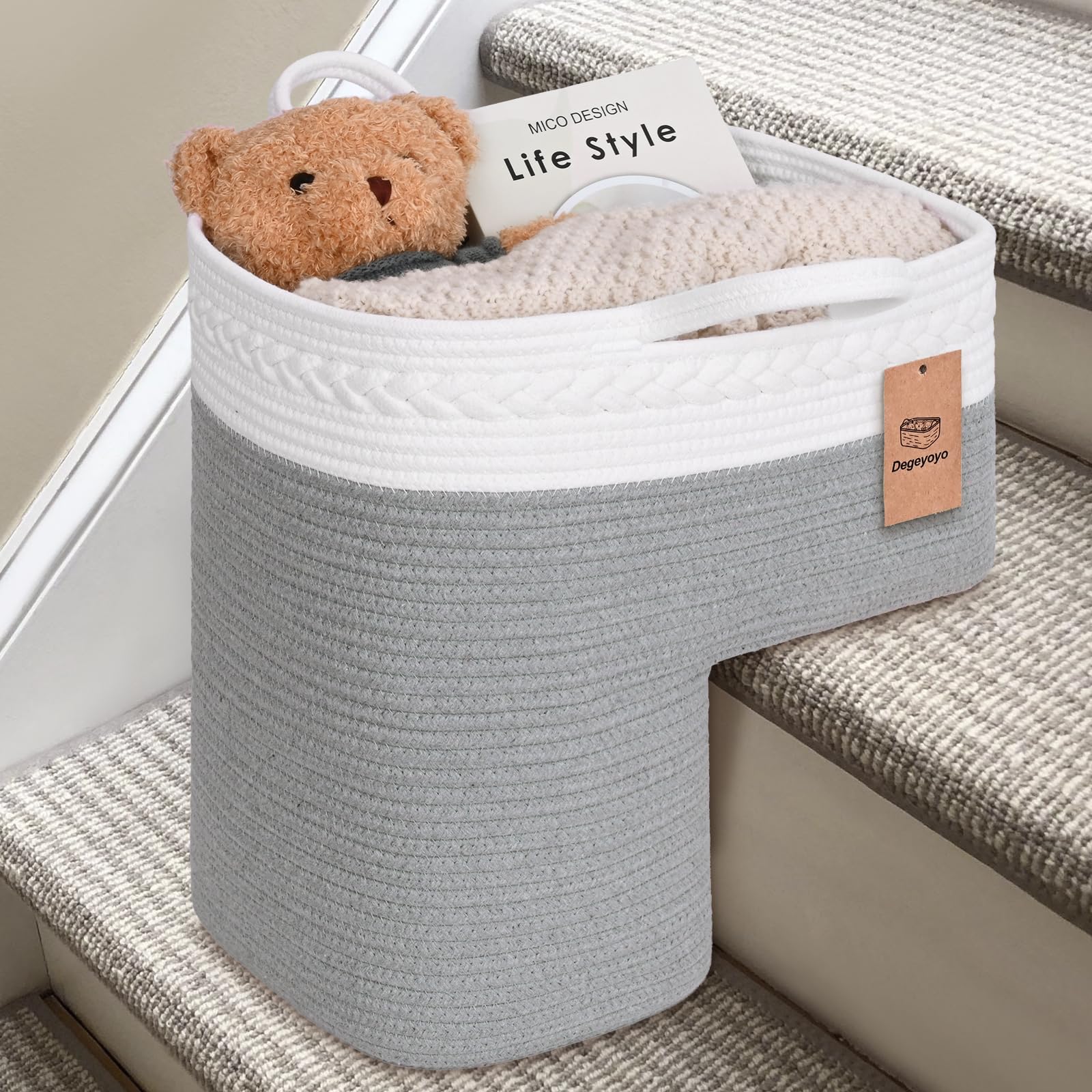 Stair Basket for Wooden &amp; Carpeted Stairs, Foldable Cotton Rope Step Basket with Handles, Staircase Storage Organizer, Fog Grey, 15" Lx 10" W x 15" H