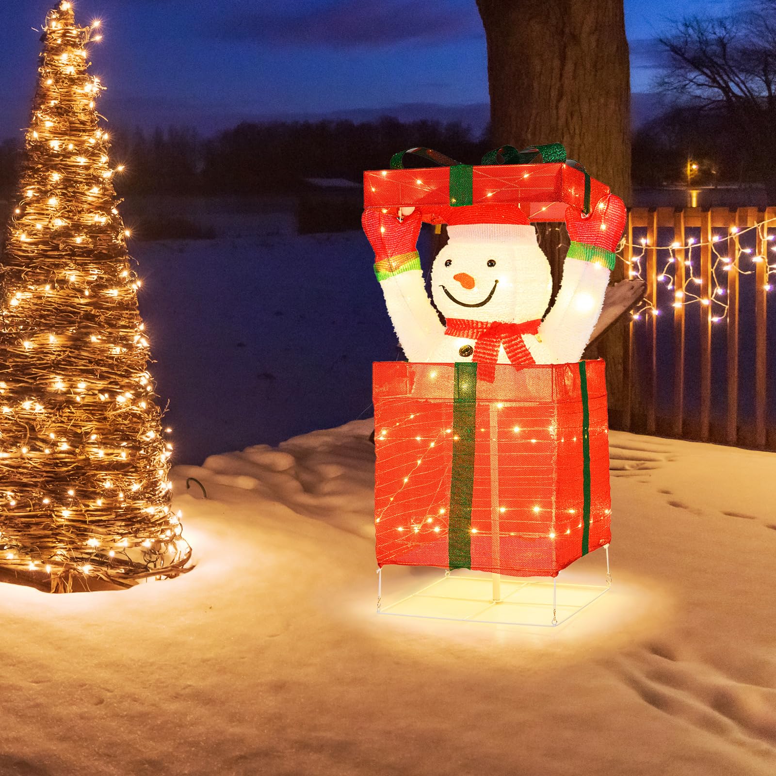 COSTWAY LED Schneemann in Geschenkbox, 115 cm beleuchtete Weihnachtsdeko mit 100 warmweißen LED-Lichtern, Weihnachtsfigur Outdoor XXL, Weihnachtsbeleuchtung für innen & außen