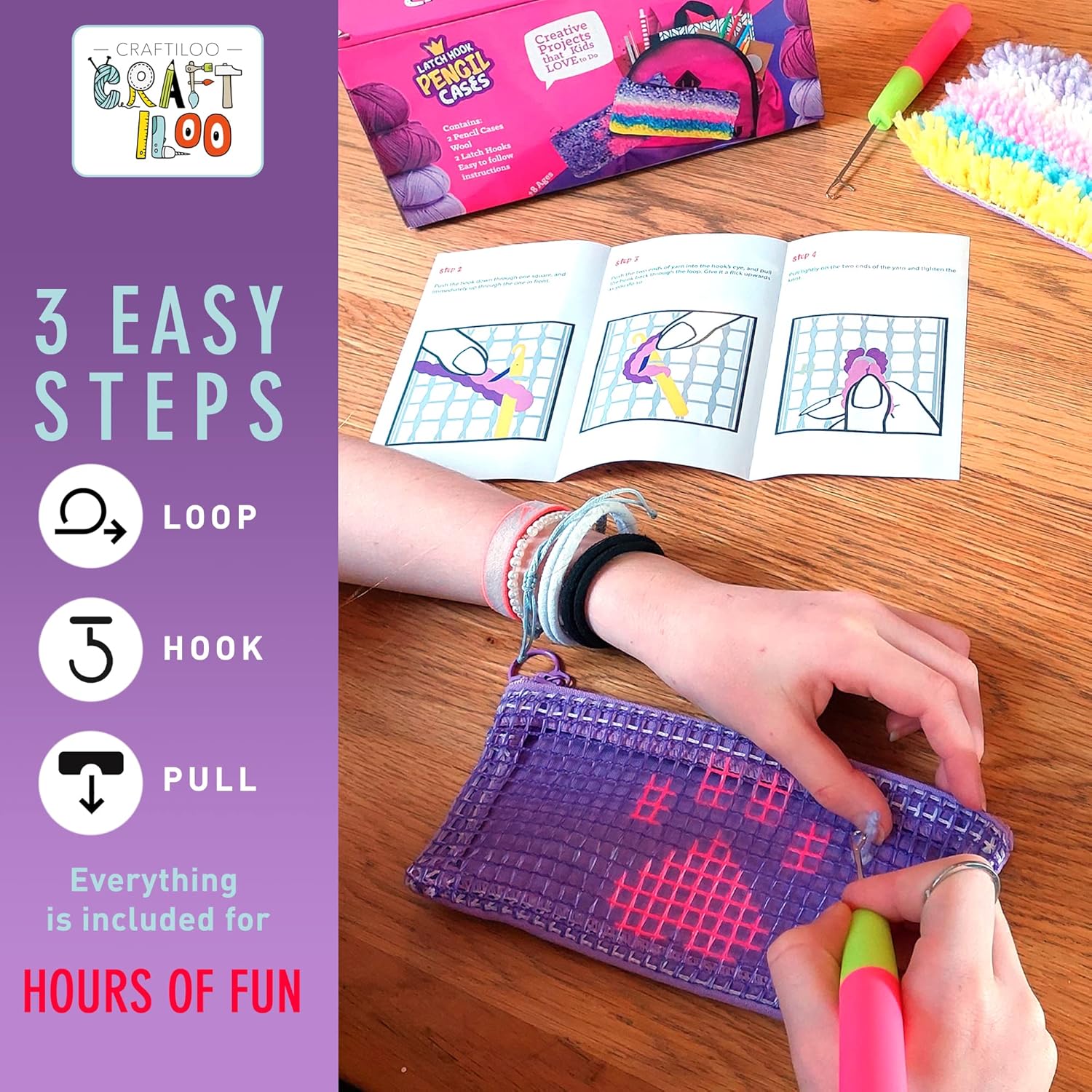 CRAFTILOO DIY 2 Rug Pencil Cases Latch Hook Kits for Kids Sewing Set for Girls Beginners Latchkits Ages 8-12