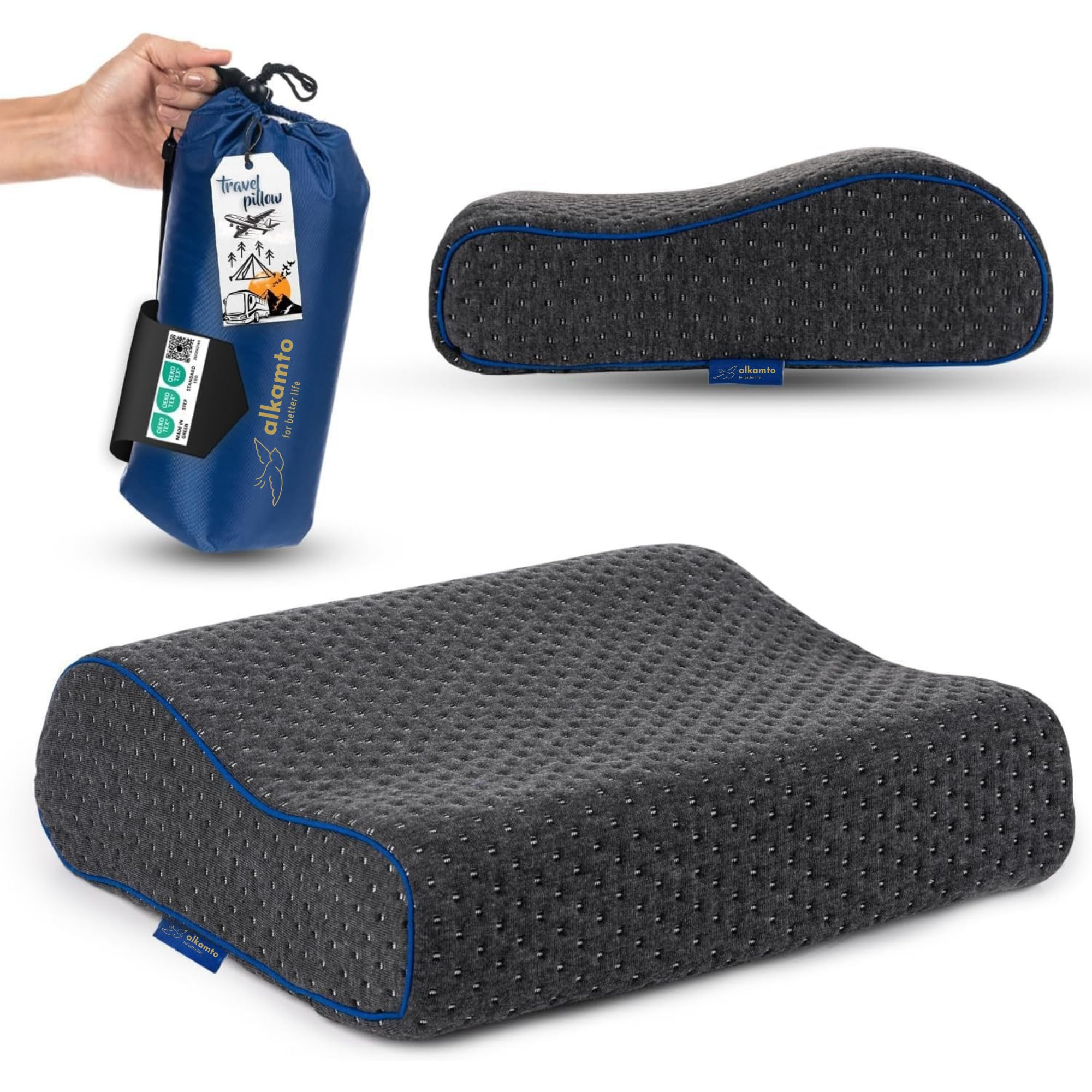 alkamto Almohada de viaje y camping de espuma viscoelástica, cómoda almohada cervical con bolsa de transporte – Funda de almohada de regulación de temperatura – perfecta para viajes
