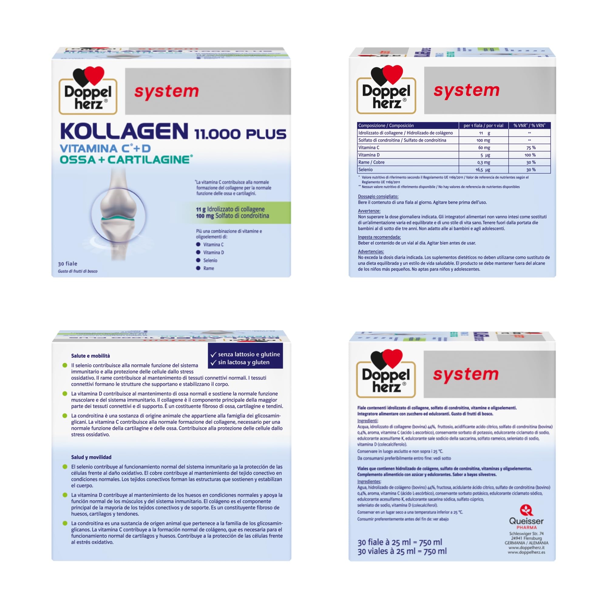 Doppelherz system KOLLAGEN 11000 PLUS - Complemento Alimenticio para Huesos, Articulaciones y Tendones con Colágeno, Vitaminas, Oligoelementos y Más, Sin Gluten ni Lactosa, 30 Viales