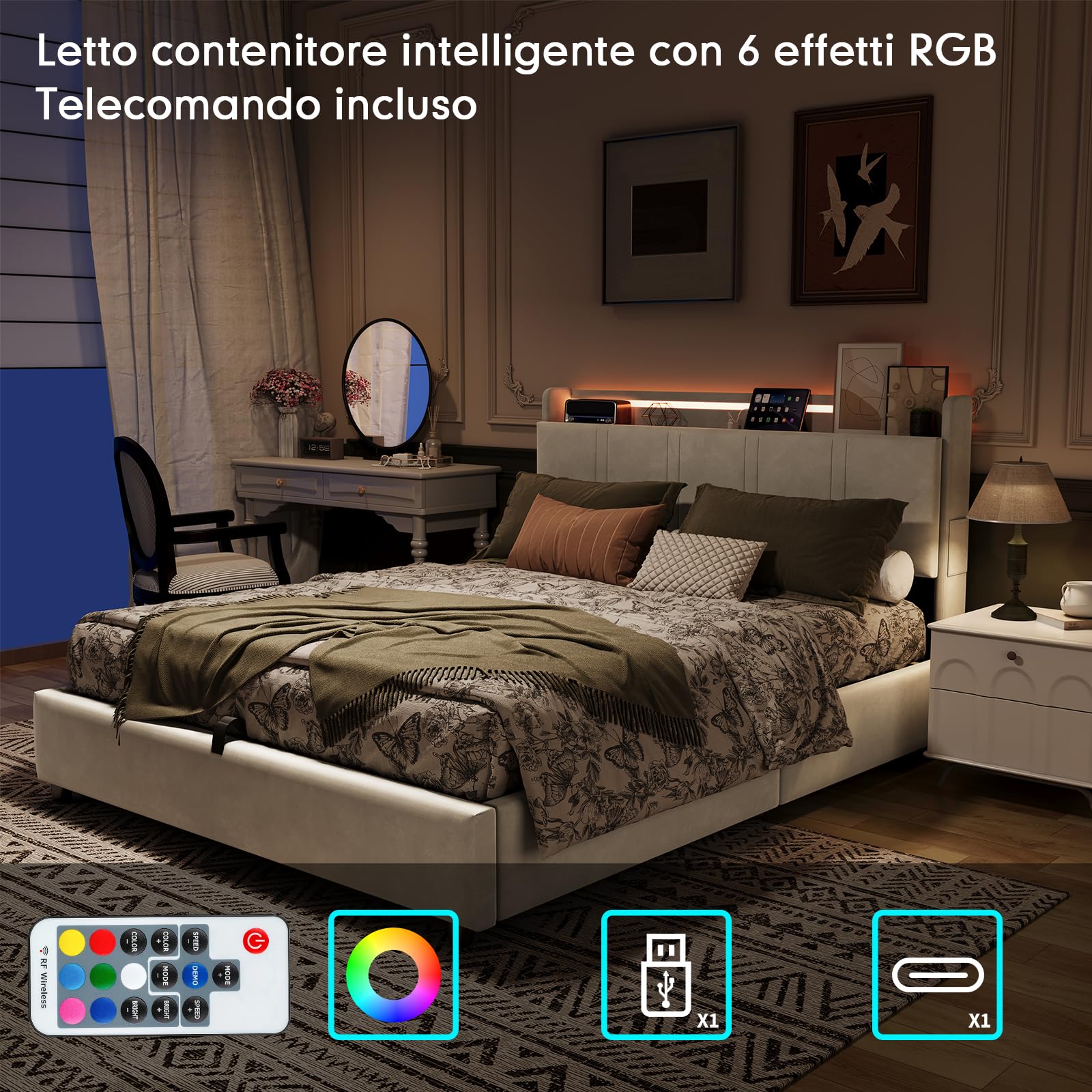 Cama de Matrimonio 160x200 cm con 4 Cajones, Cama Queen Size Tapizada con Luces LED, Puerto Type-C y Cabecero Moderno, Estructura de Cama con Somier, Beige (Sin Colchón)