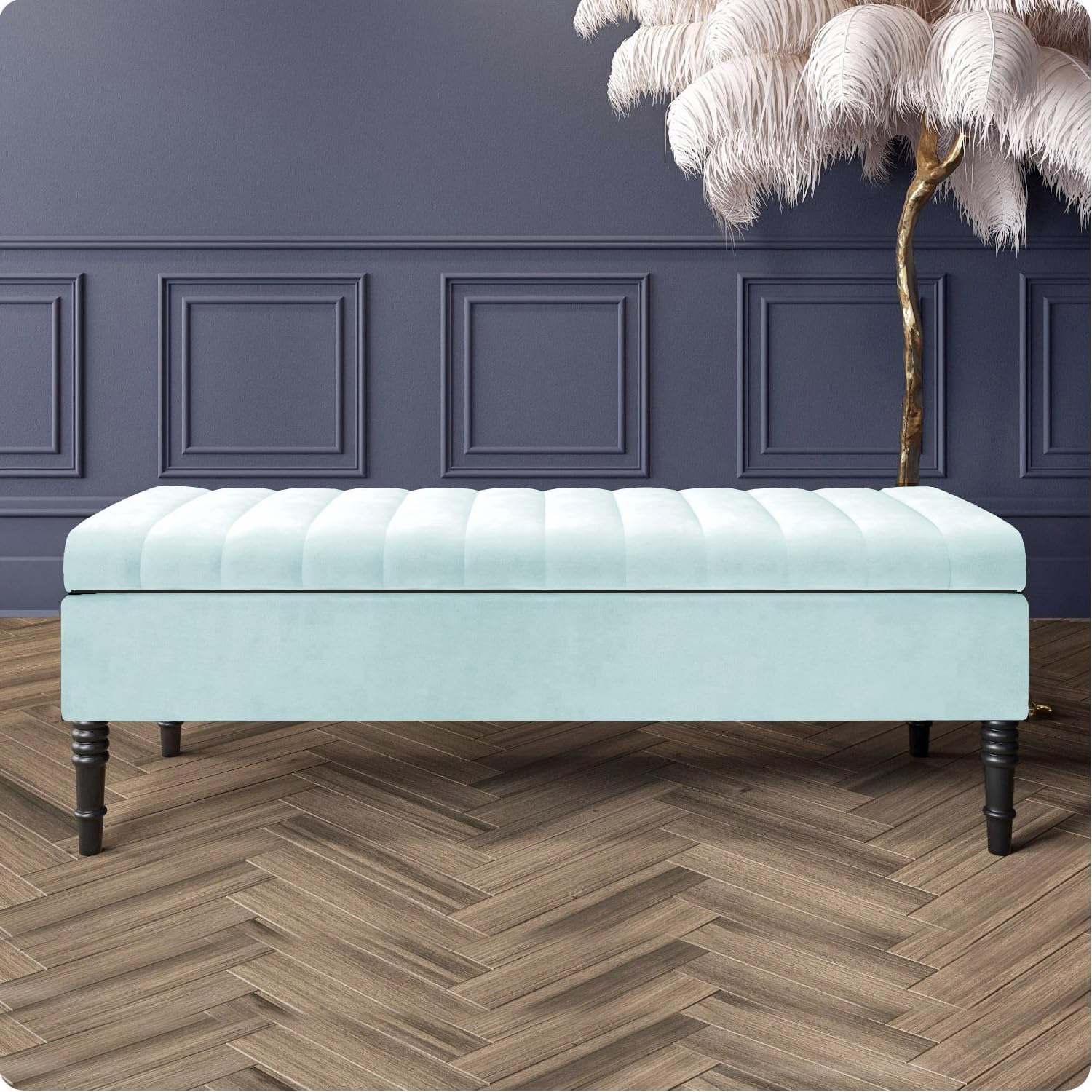 Safar Velvet Ottoman Storage Bench with Legs, Upholstered End of Bed Storage Bench, Large Ottoman Storage Box with Hinged Lid, Entryway Shoe Bench, Padded Storage Ottoman Seat for Living Room