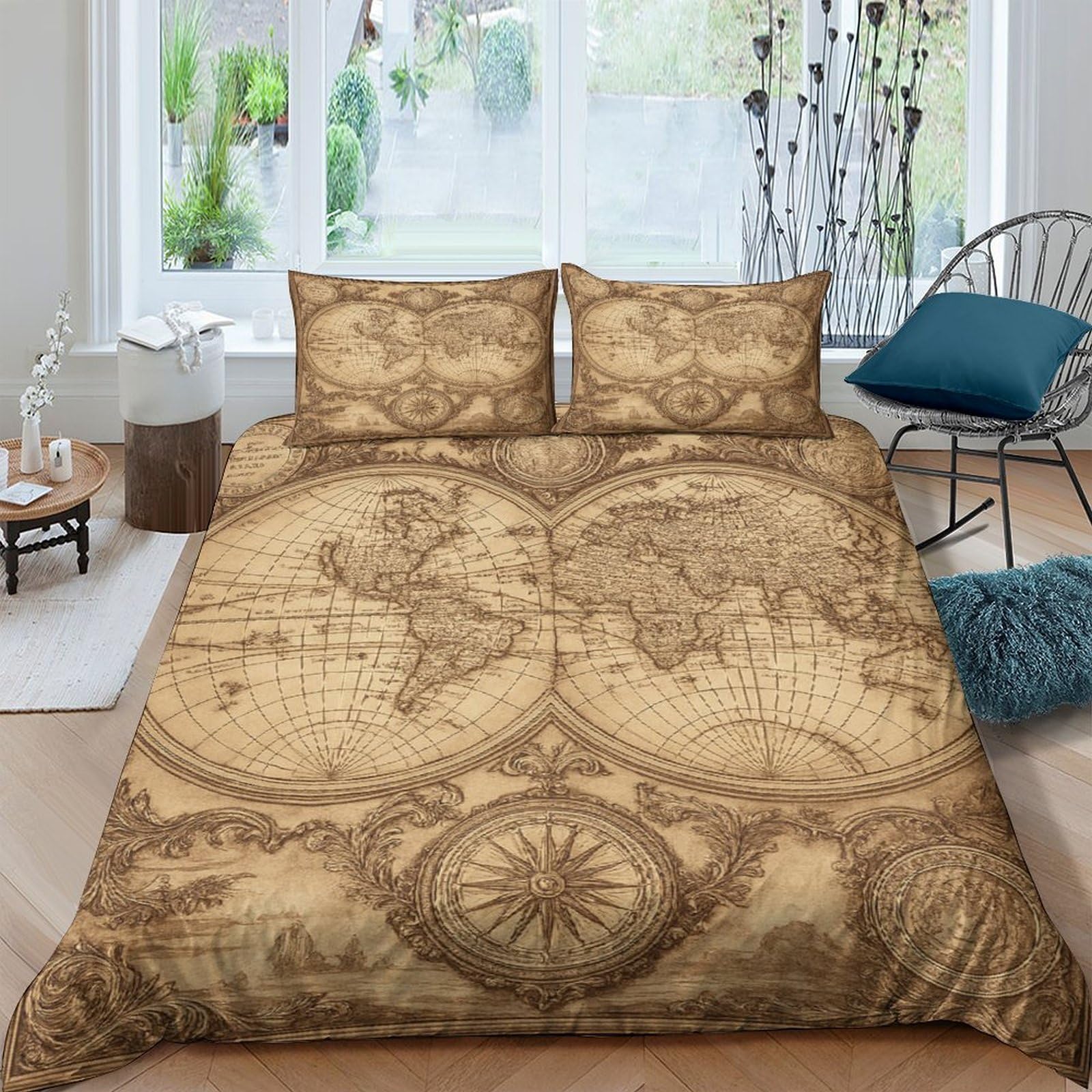 Ctjqhvkz Style-6 3D Printed Vintage World Map Fitted Sheet Microfiber Non Slip Bed Cover For Bedroom Guest Room Decor Single（135X200cm）
