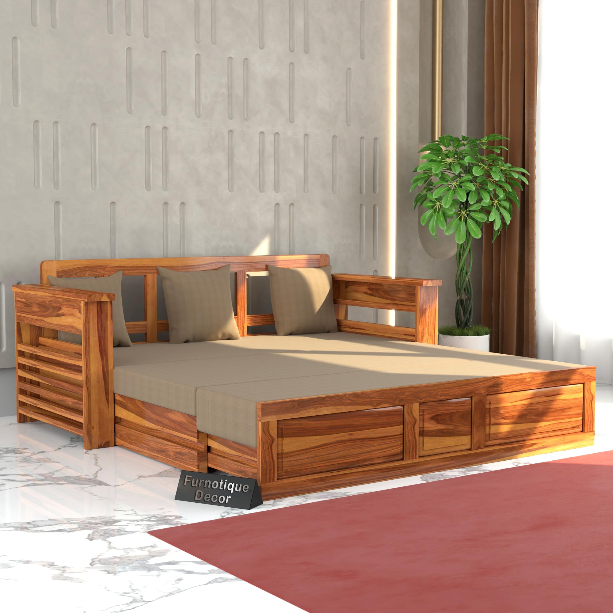Solid Sheesham Wooden Sofa Cums Bed with Mattress for Living Room | Rosewood 3 Seater Sofa Cums Bed for Bedroom Without Pillow (Natural,Mossy, 3 Seater)-image-48
