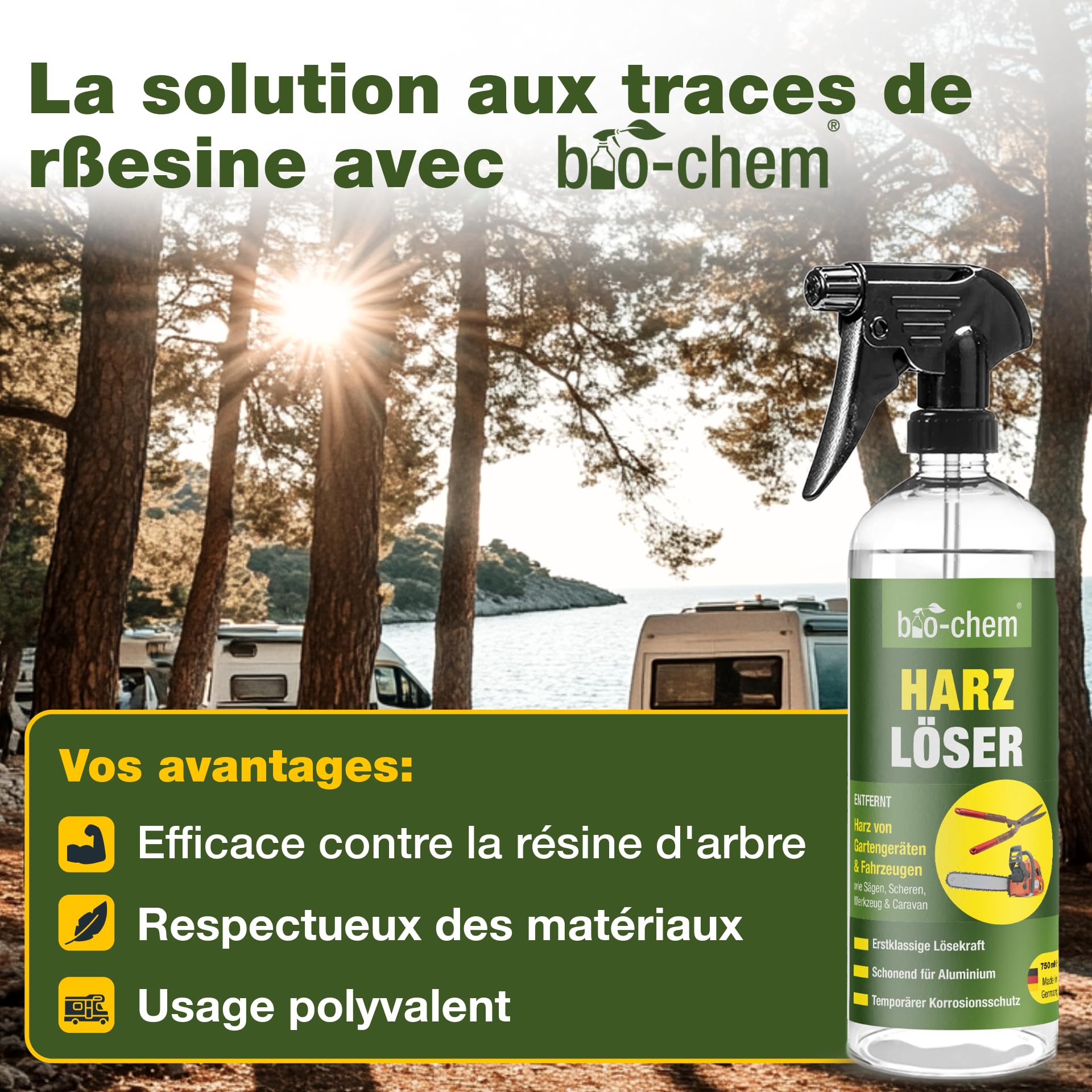Bio-Chem - Set de 3 Produits d'entretien pour caravanes de Camping - 1L Produit nettoyant pour Camping-Car + Vaporisateur pour résine 750mL + Produit vitre et Pare-Brise 750mL