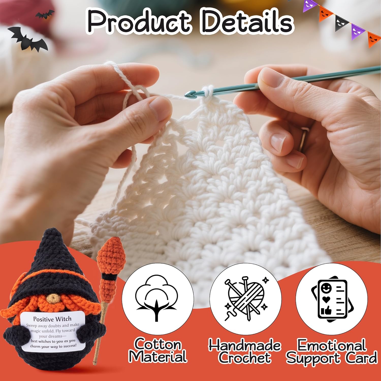 Halloween Positive Crochet Doll - 2 Pcs Witch Broom Handmade Knitted Crochets with Encouragement Card Mini Emotional Support Toy Decorations Funny Craft Gifts for Friends - Image 3
