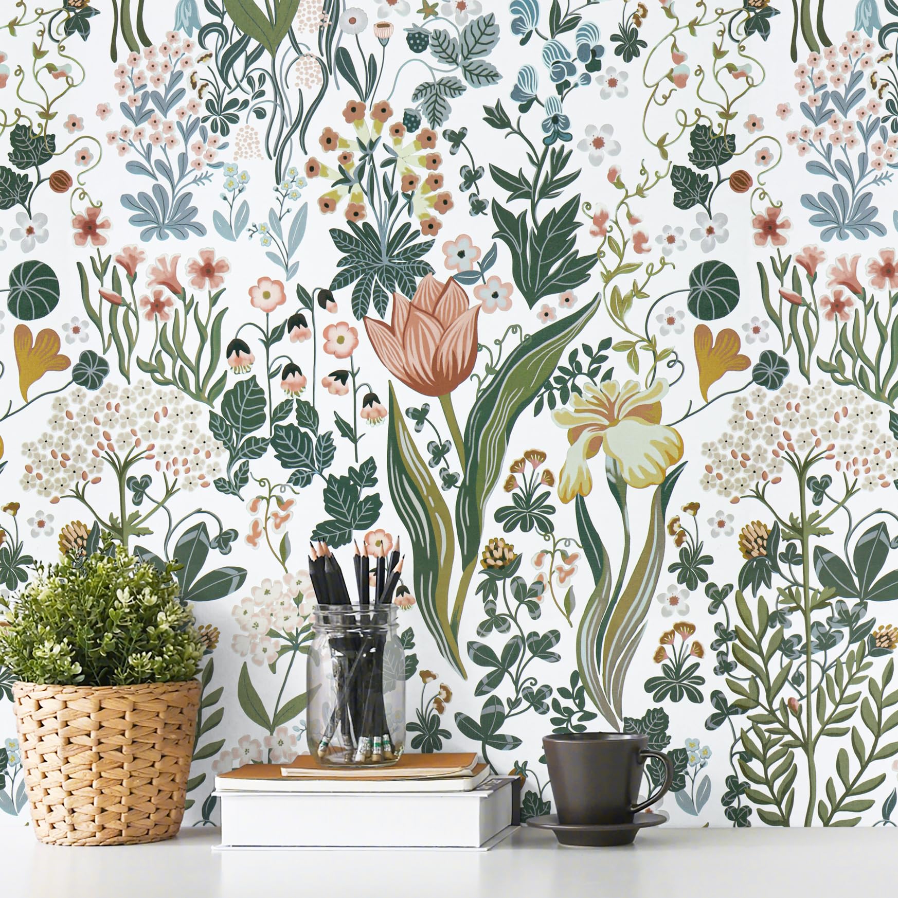 Toduso Peel and Stick Wallpaper Vintage Wall Paper White Floral Contact Paper Removable 17.3"x196.8" Leaf Flower Self Adhesive Waterproof Wallpaper