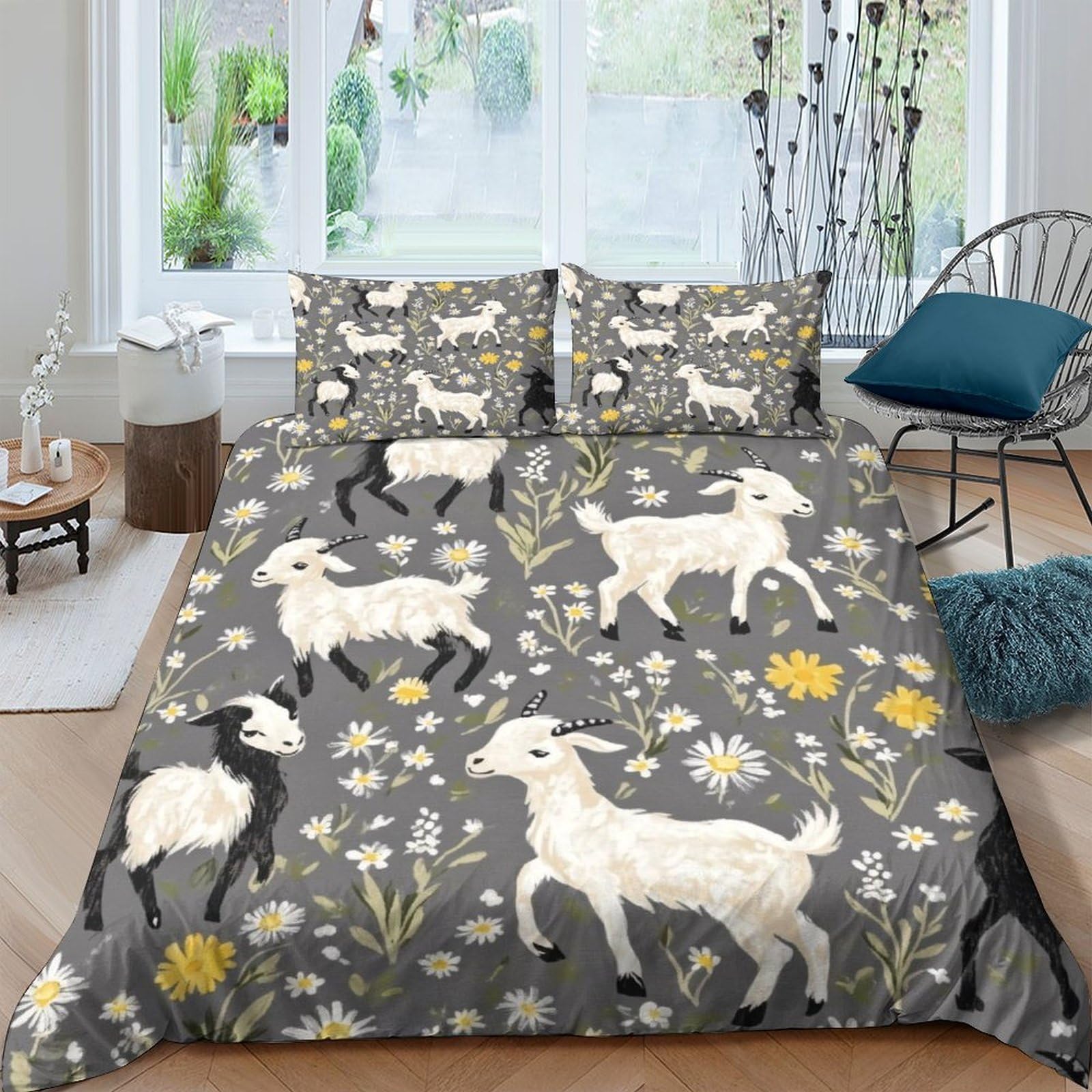Ctjqhvkz Style-6 3D Printed Goat Floral Fitted Sheet Microfiber Soft Grey Yellow Farm Animal Mattress Cover For Bedroom Dorm Decor Single（135X200cm）
