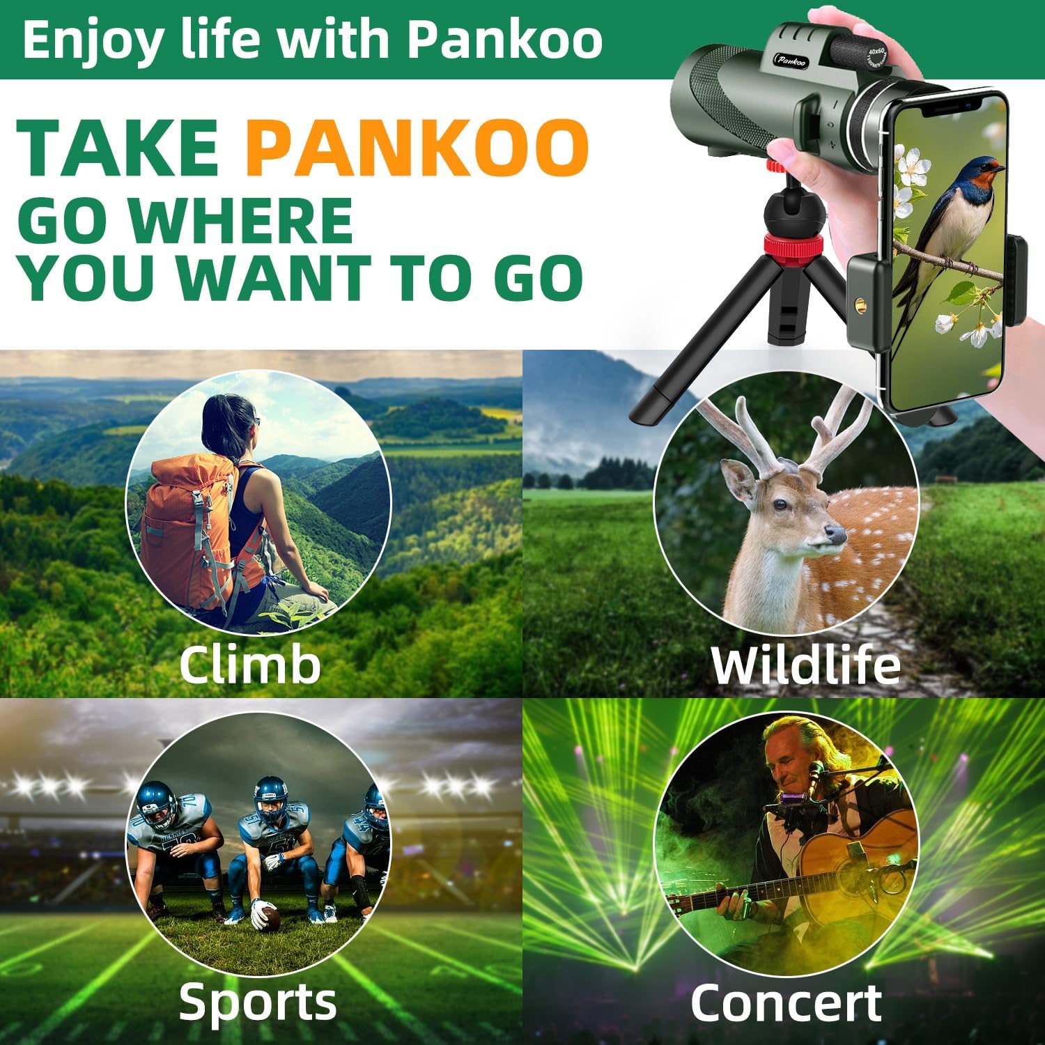 40x60 HD Monocular Telescope for Adults with Smartphone Adapter Tripod Hand Strap, Hand-held Monocular for Adults with BAK4 Prism&FMC Lens for Birdwatching Hiking Concert Travelling
