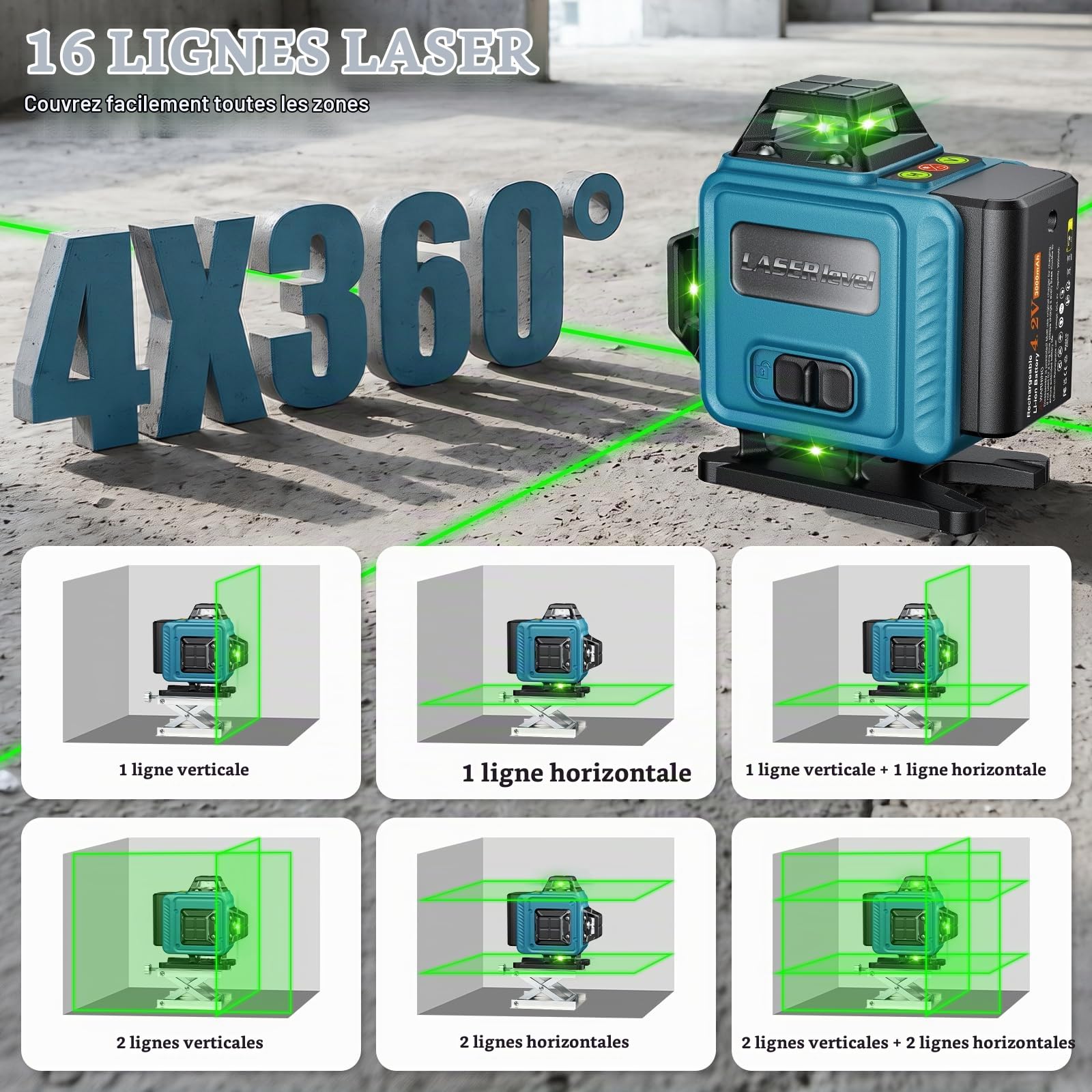 Niveaux Laser 360 Autonivelant Avec Trepied, Laser Chantier avec 16 Lignes | 4D Lazer Niveaux Vert, IP54 Waterproof, avec 2 * 3000mAh Batteries et Télécommande