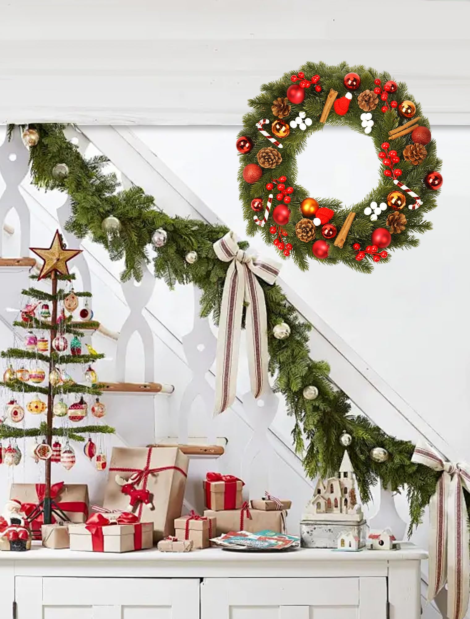 Türkranz Weihnachten 40cm, Adventskranz Künstlich, Weihnachtskranz Haustür mit Haken aus Metall, Weihnachtstürkranz mit Weihnachtskugeln Weihnachtsdeko, Hängekranz aus PVC für Innen und Außen